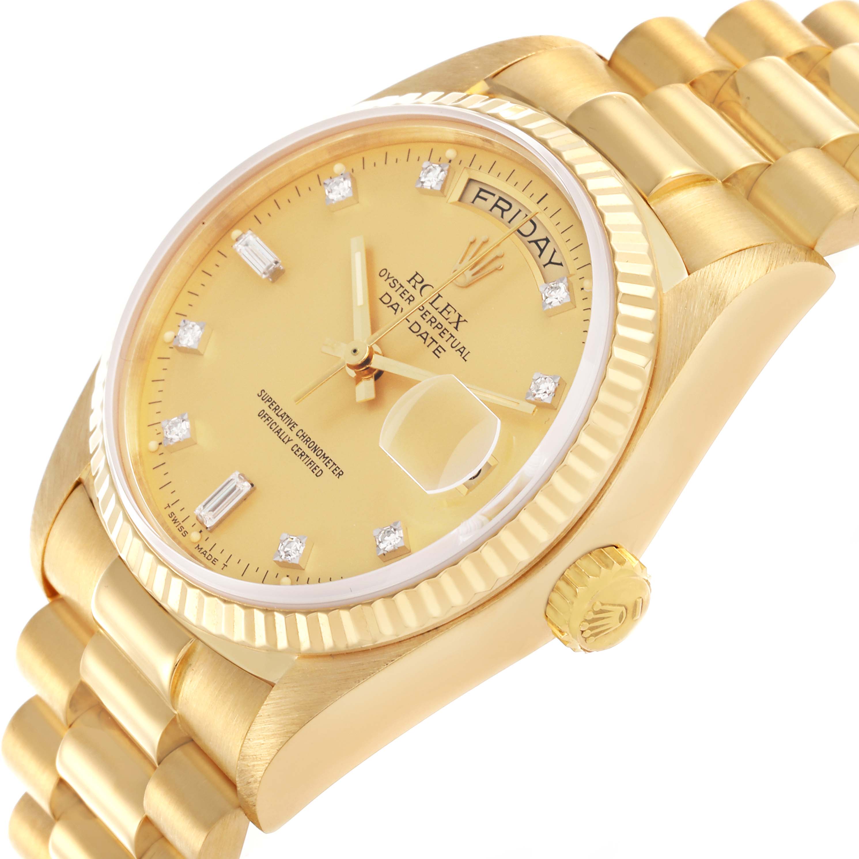 The image shows a Rolex President 18038 Men
s Yellow Gold Champagne Dial 18038 Men
s Yellow Gold Champagne Dial watch at a slight angle, displaying the face, day-date window, crown, and part of the bracelet.