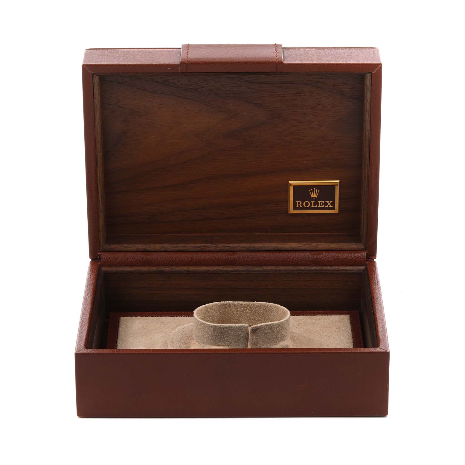 The image shows an open wooden Rolex box for the President model, displaying the interior cushion.