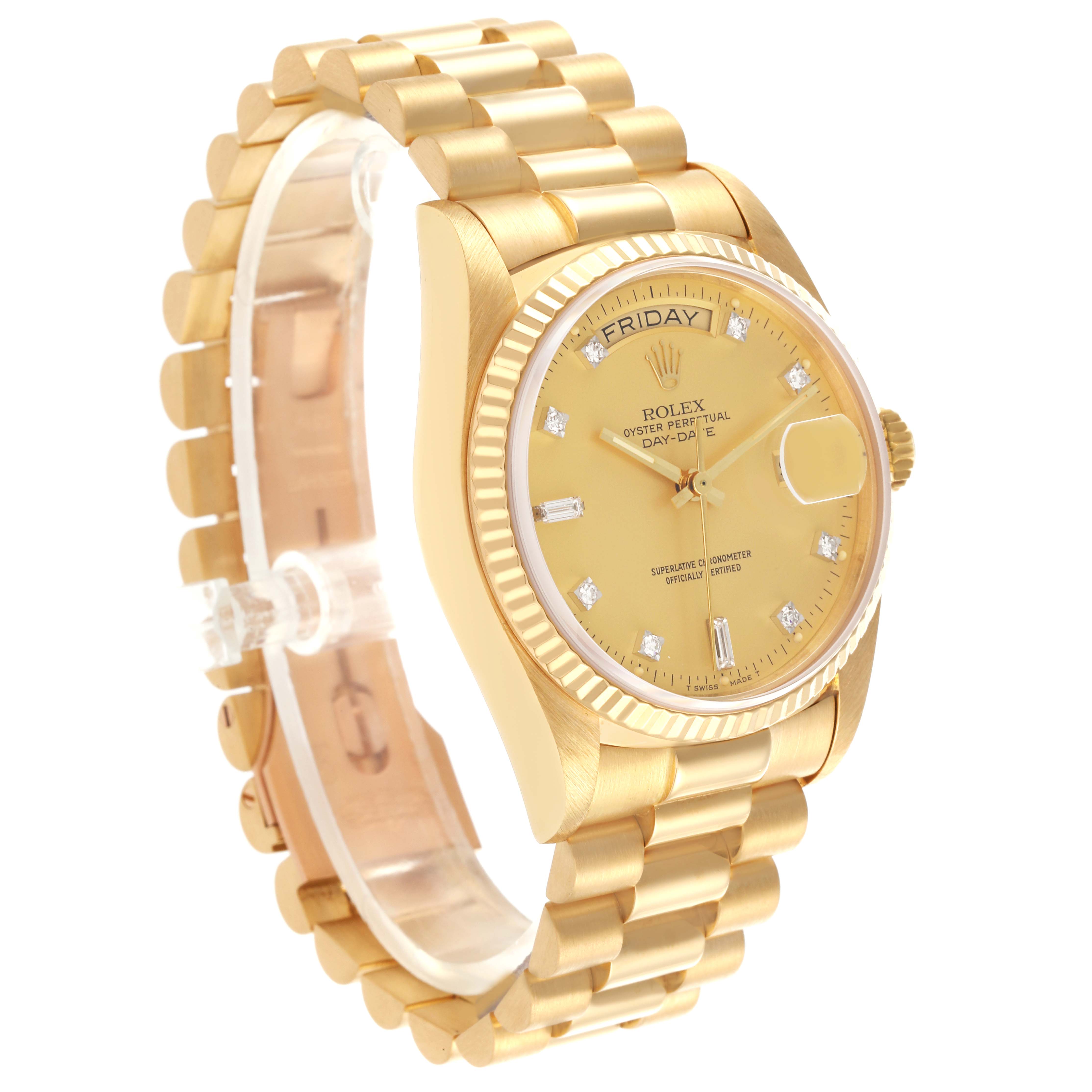 The Rolex President 18038 Men
s Yellow Gold Champagne Dial 18038 Men
s Yellow Gold Champagne Dial model watch is shown at a three-quarter angle, highlighting the band, face, and bezel.
