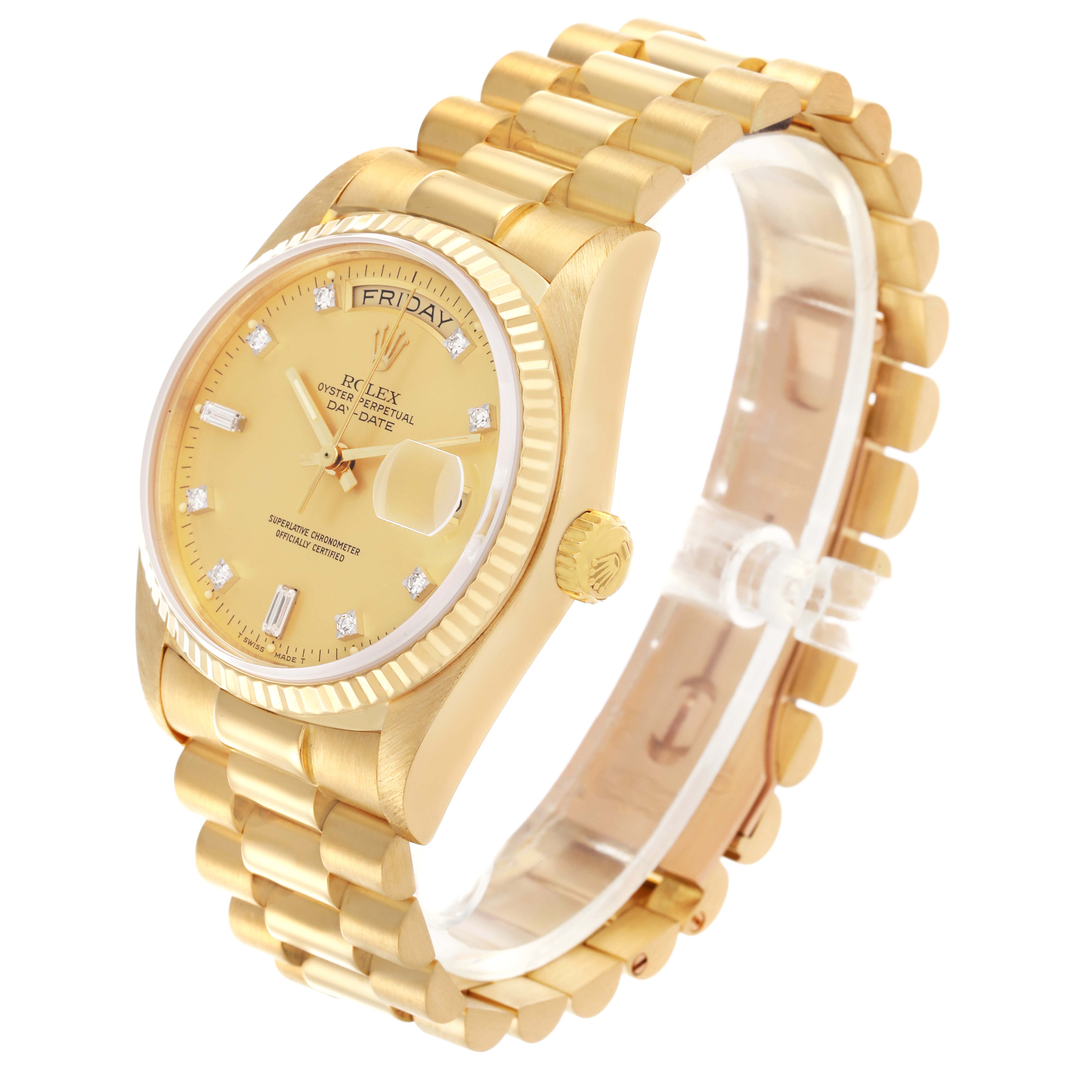 The Rolex President 18038 Men
s Yellow Gold Champagne Dial 18038 Men
s Yellow Gold Champagne Dial watch is shown at an angle displaying the face, bezel, bracelet, and crown.