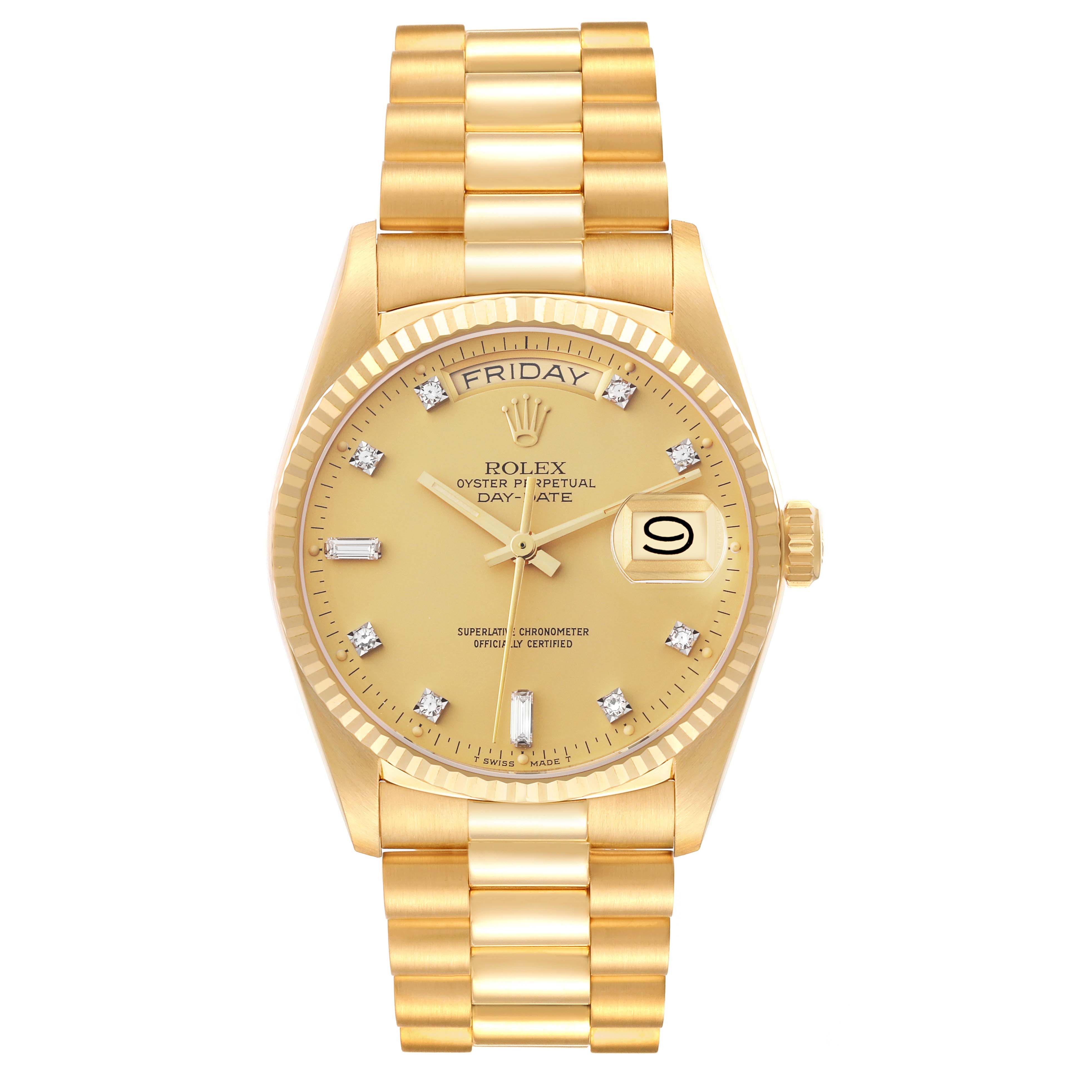 The Rolex President 18038 Men
s Yellow Gold Champagne Dial 18038 Men
s Yellow Gold Champagne Dial model is shown from the front, featuring the dial, bezel, bracelet, and date window.
