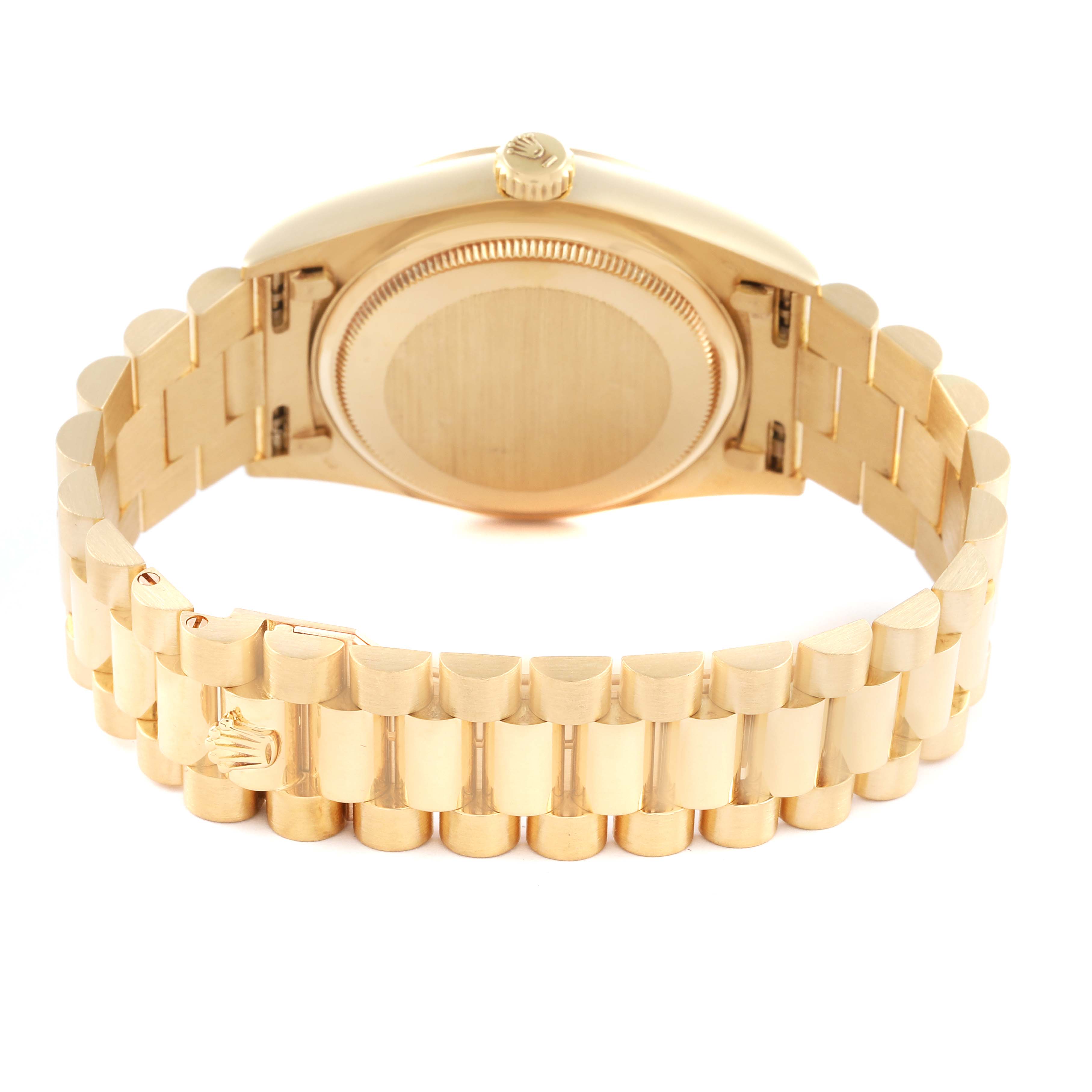 The image shows the rear view of the Rolex President 18038 Men
s Yellow Gold Champagne Dial 18038 Men
s Yellow Gold Champagne Dial watch, displaying the case back and the linked bracelet.