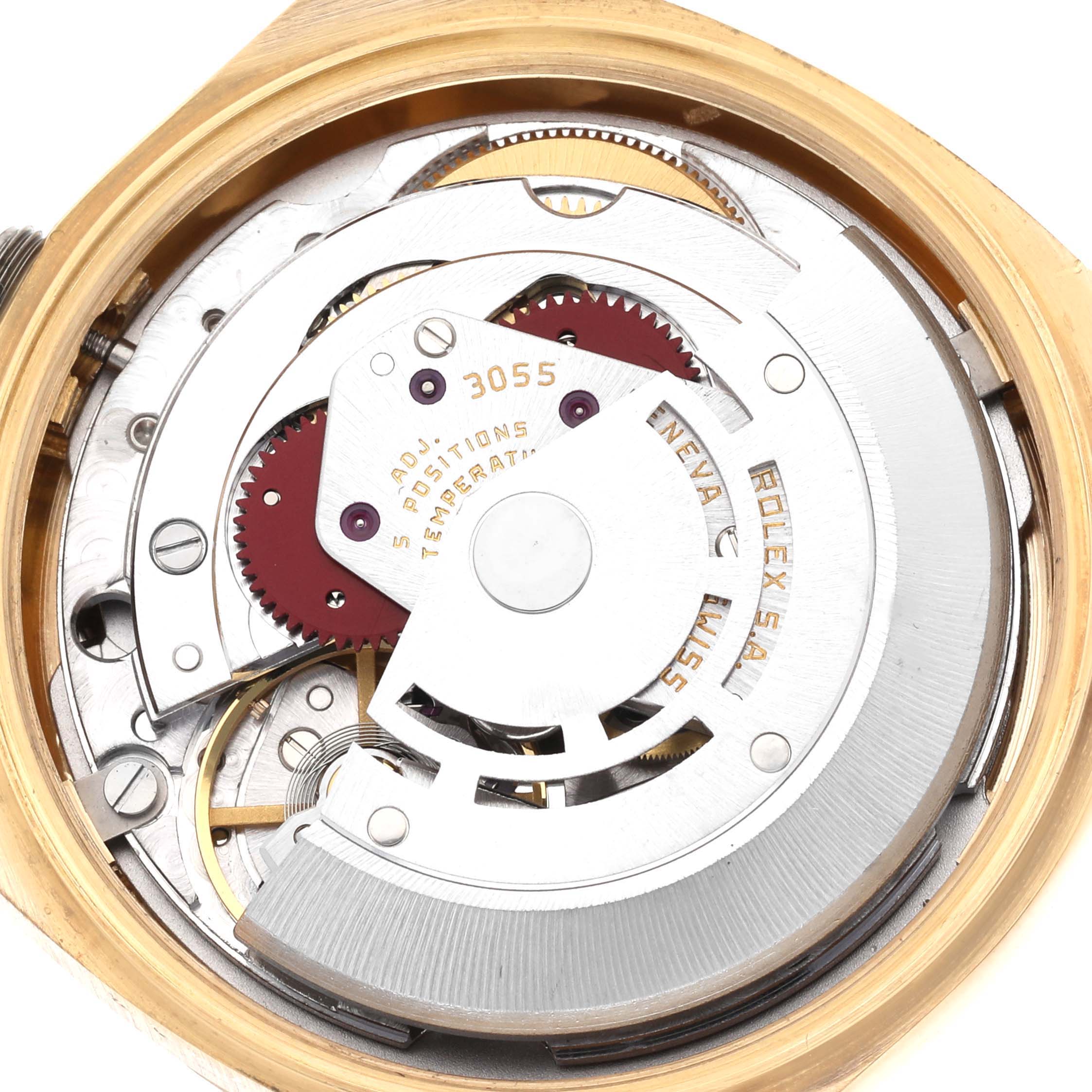 The image shows the movement mechanism of a Rolex President 18038 Men
s Yellow Gold Champagne Dial 18038 Men
s Yellow Gold Champagne Dial model watch from a top-down angle.