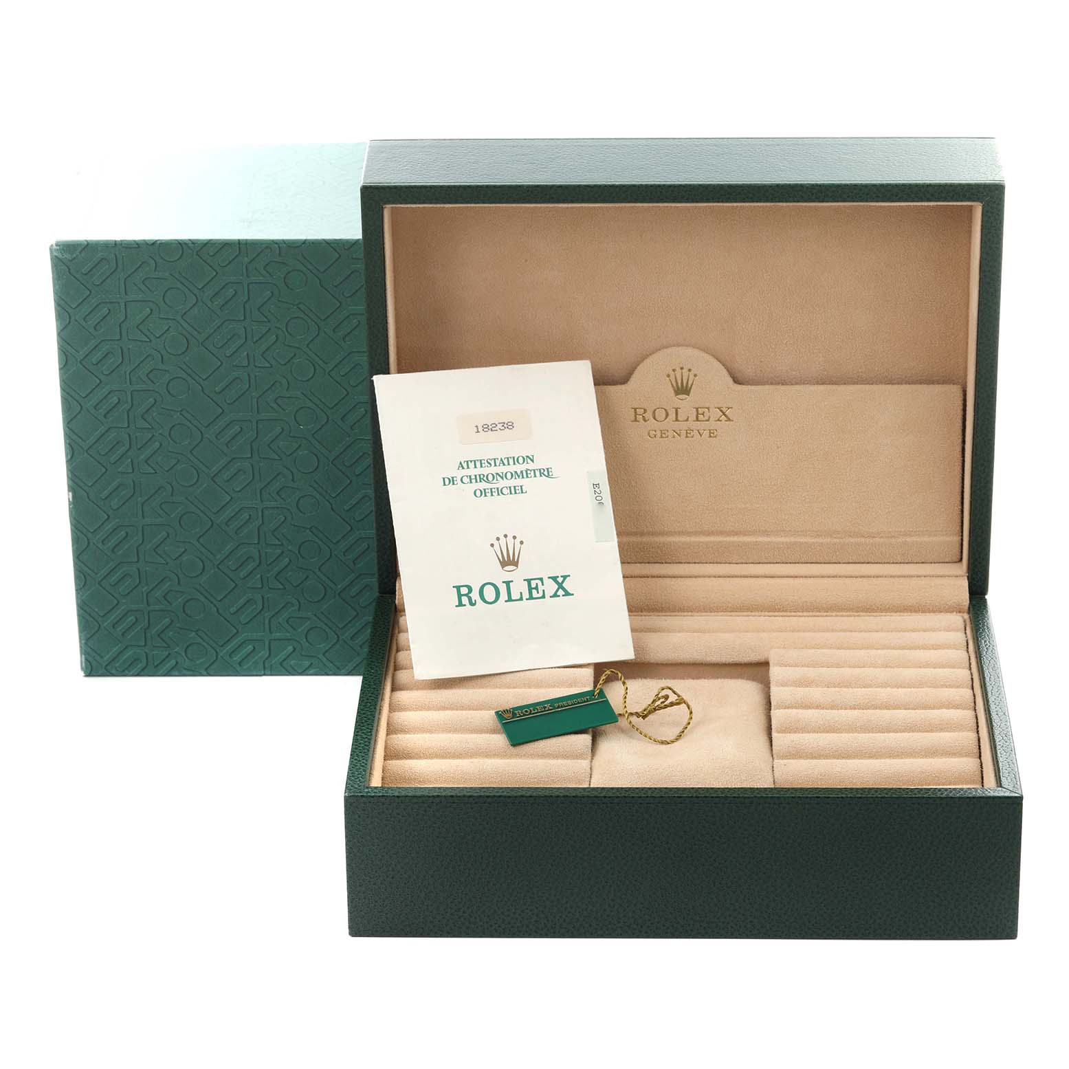 The image shows an open Rolex President 18238 Men
s Yellow Gold Champagne Dial 18238 Men
s Yellow Gold Champagne Dial watch box and accessories, including a certificate and tag, viewed from the front.