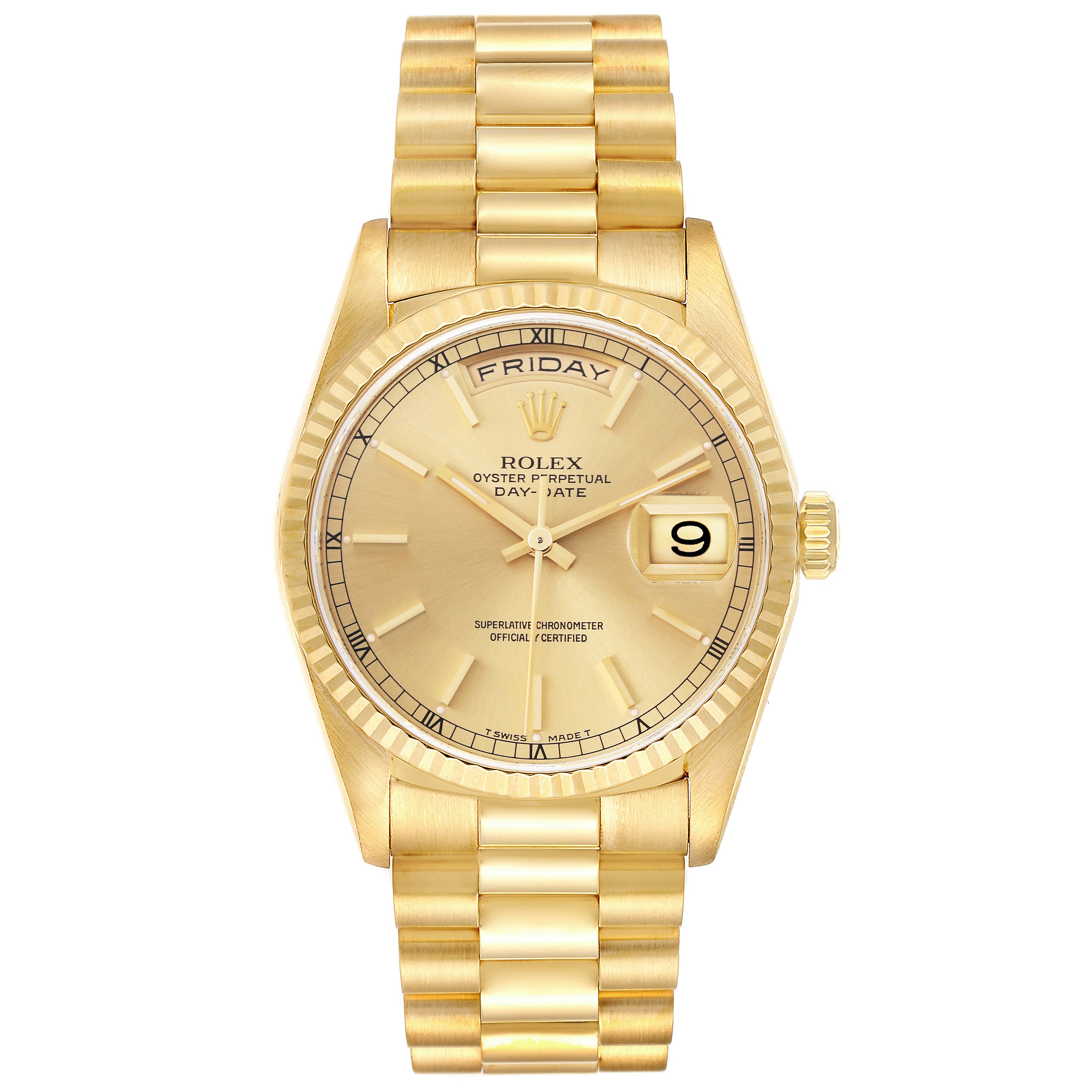 The Rolex President 18238 Men
s Yellow Gold Champagne Dial 18238 Men
s Yellow Gold Champagne Dial model is shown from the front, highlighting the gold bracelet, watch face, day, and date display.