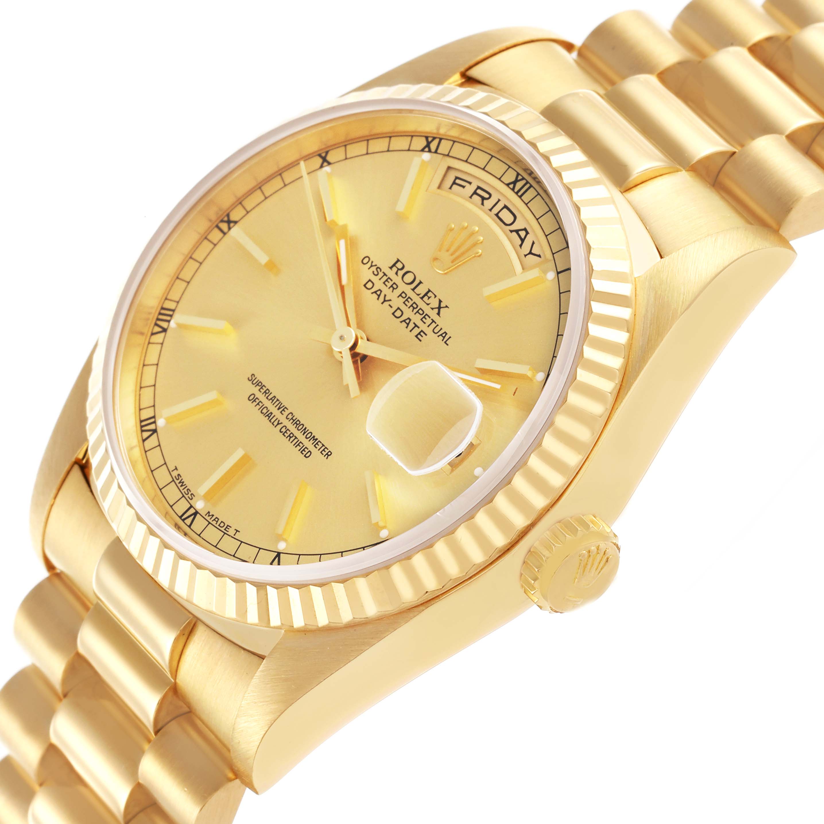 The Rolex President 18238 Men
s Yellow Gold Champagne Dial 18238 Men
s Yellow Gold Champagne Dial watch is shown at a side angle, highlighting the gold dial, day-date feature, fluted bezel, and bracelet.