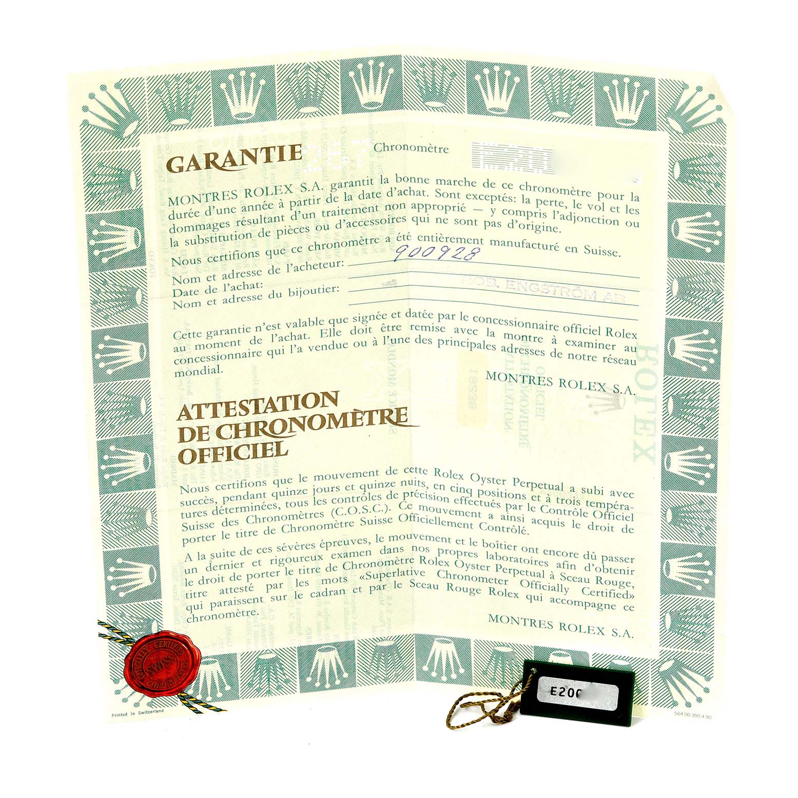 The image shows a warranty certificate for a Rolex President 18238 Men
s Yellow Gold Champagne Dial 18238 Men
s Yellow Gold Champagne Dial model watch, featuring the Rolex logo.