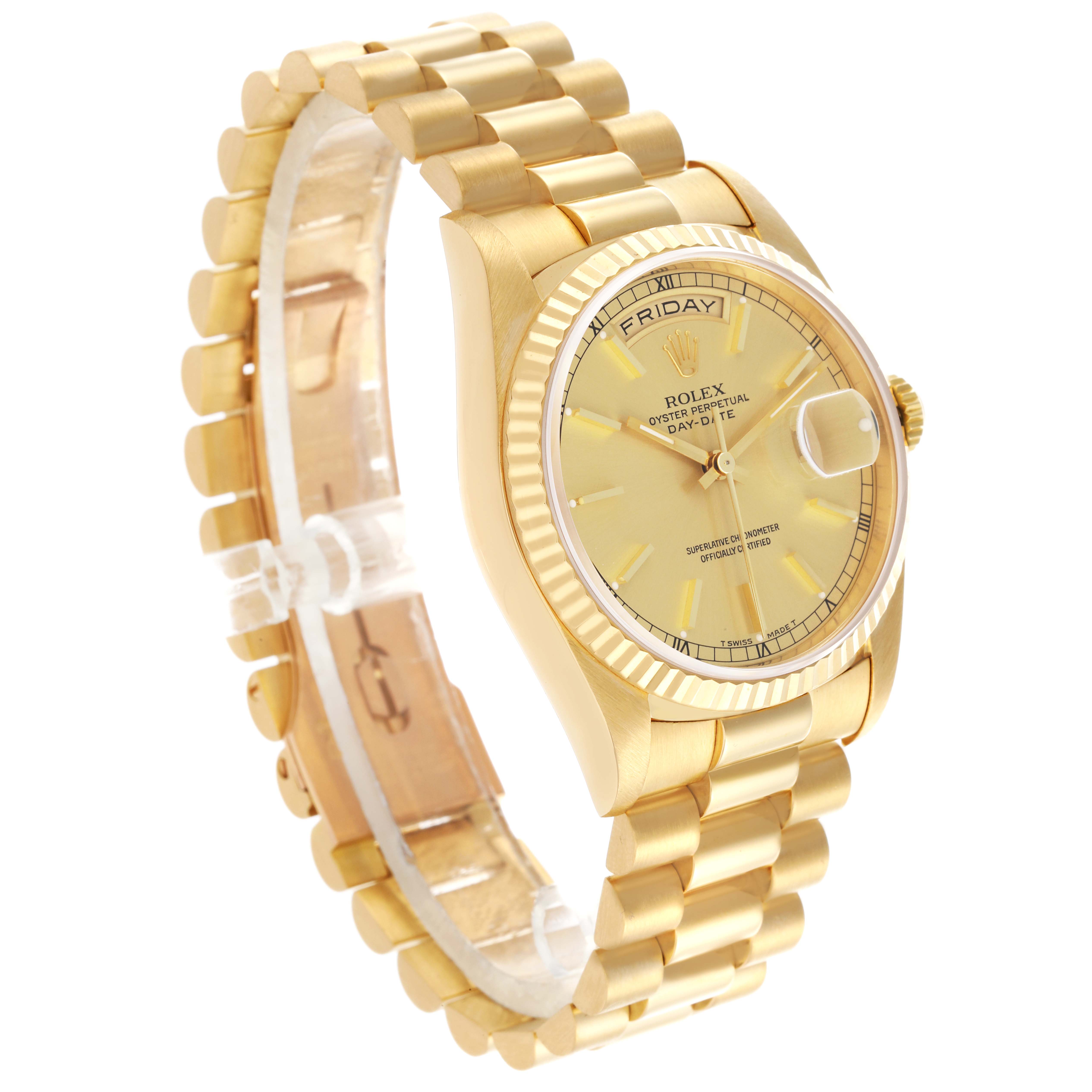 The Rolex President 18238 Men
s Yellow Gold Champagne Dial 18238 Men
s Yellow Gold Champagne Dial model is shown at a slight angle, displaying the face, bezel, and part of the bracelet.