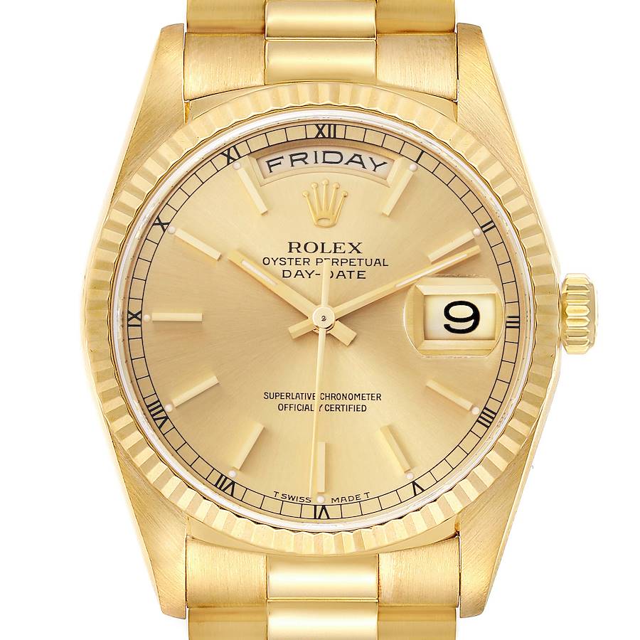 The Rolex President model watch is shown from a front angle, displaying the dial, bezel, bracelet, and crown.