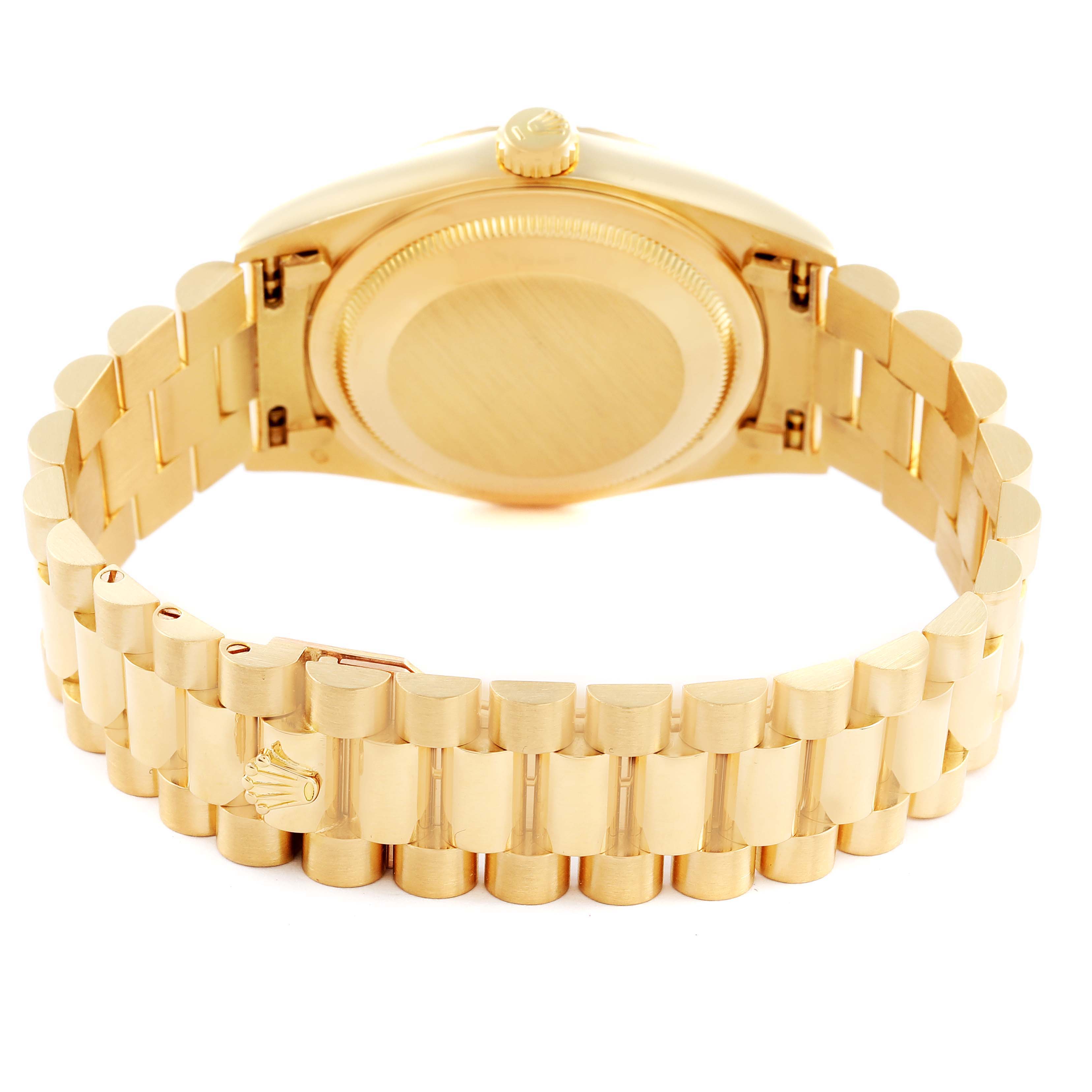 The image shows the back view of a Rolex President 18238 Men
s Yellow Gold Champagne Dial 18238 Men
s Yellow Gold Champagne Dial model, highlighting the bracelet and caseback.