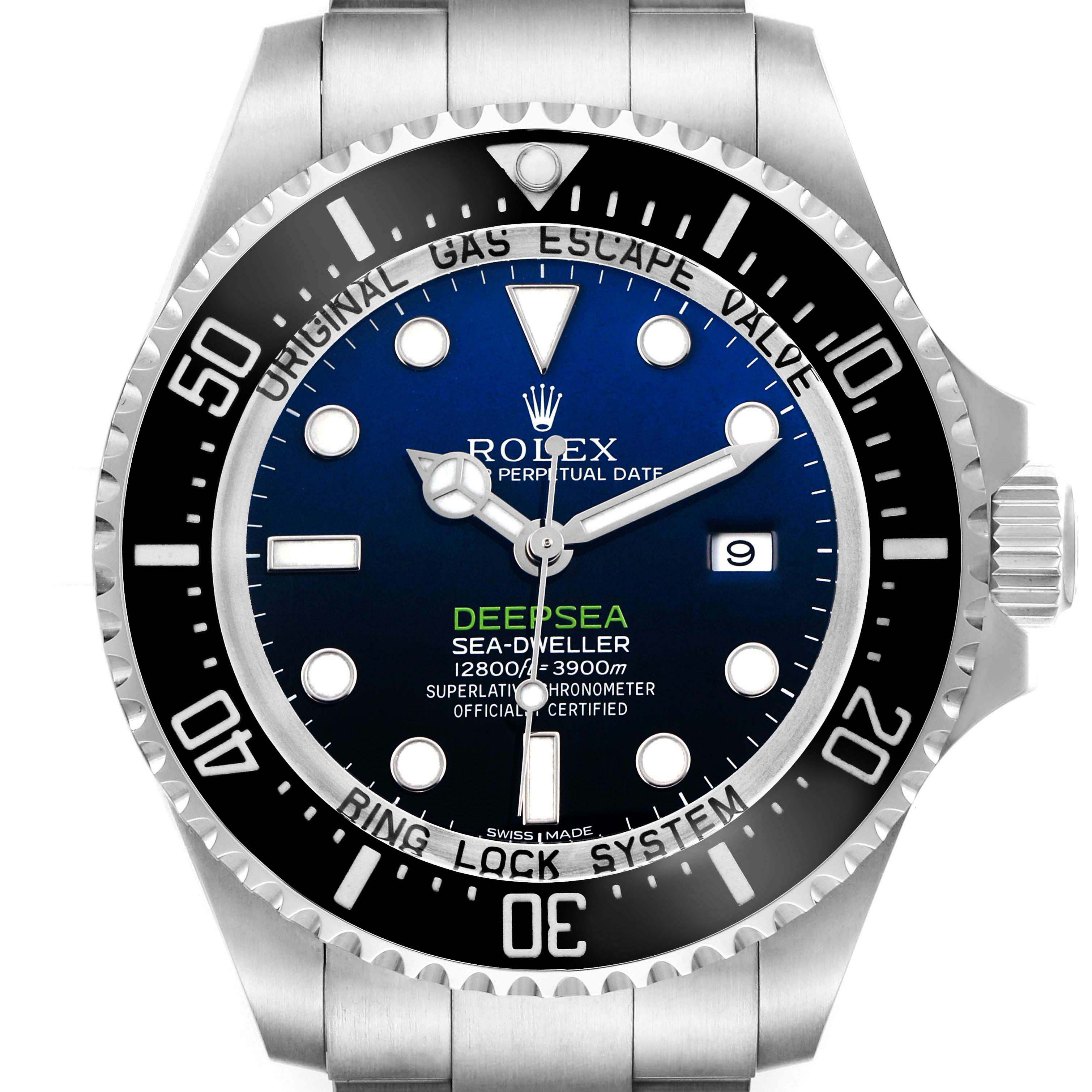 The image shows a front view of the Rolex Sea-Dweller 116660 Men's Stainless Steel Black Dial watch, focusing on the dial, bezel, and crown.