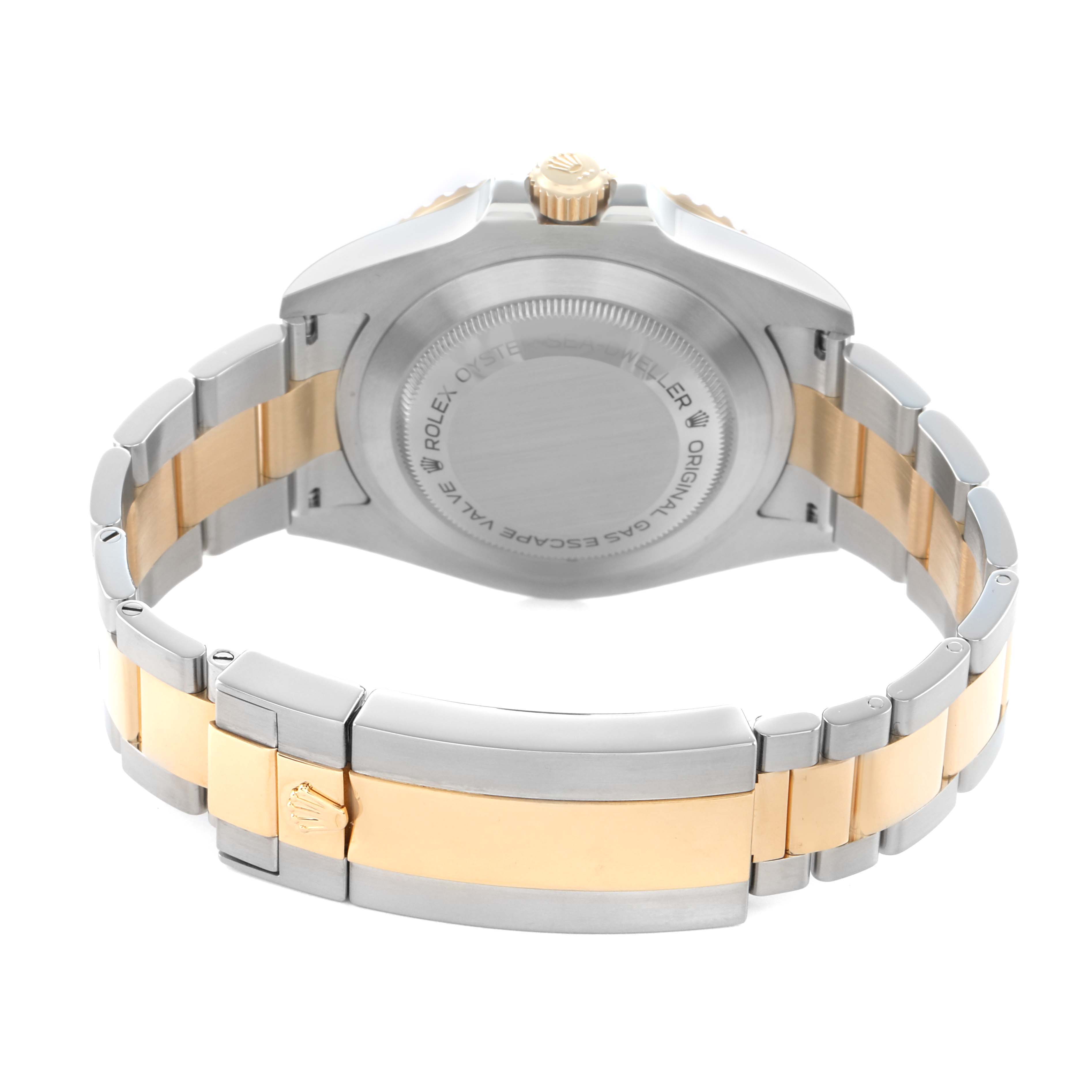 The image shows the back of a Rolex Sea-Dweller 126603 Men's Steel and Gold (two tone) Black Dial watch, highlighting the case back, bracelet, and clasp from a rear angle.
