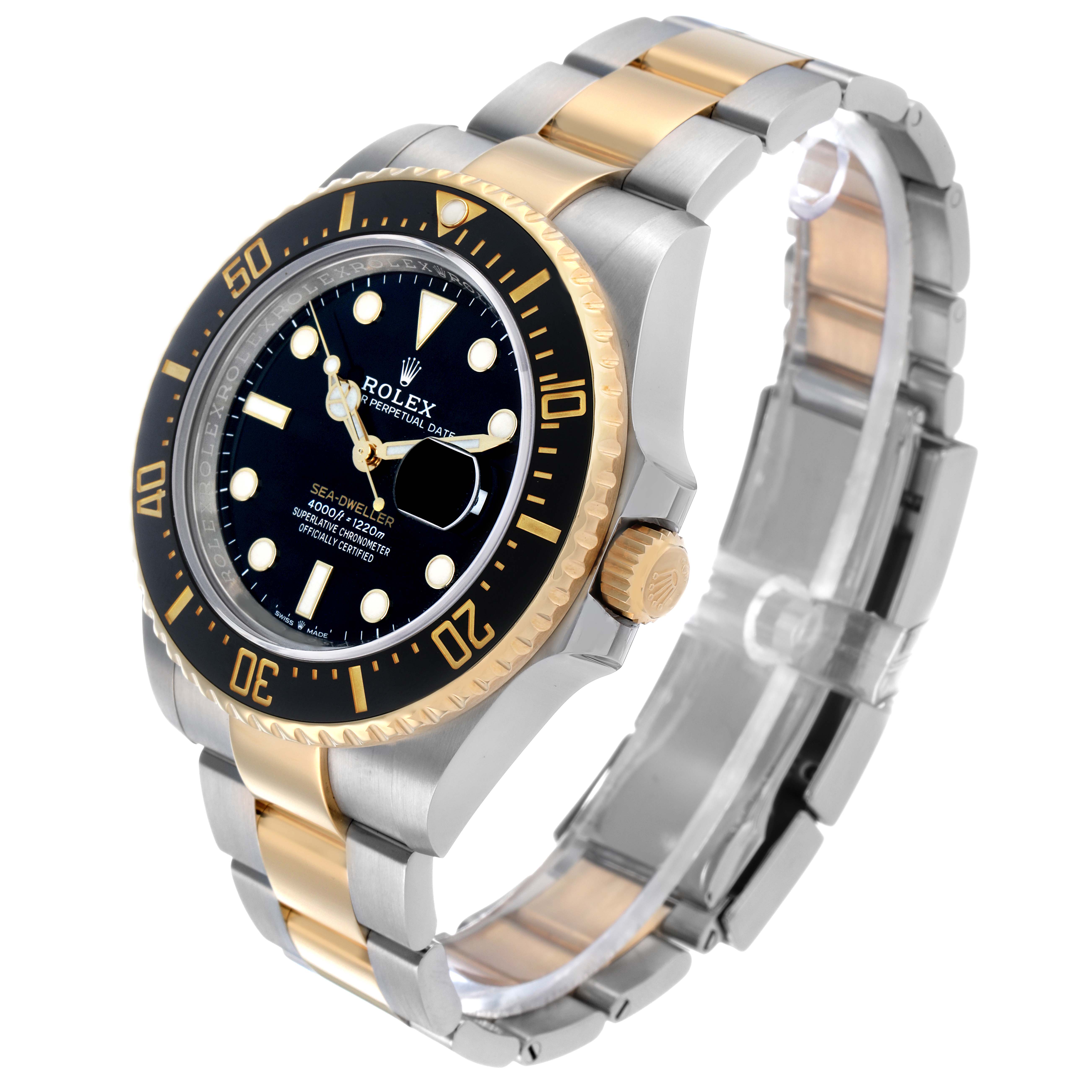The Rolex Sea-Dweller 126603 Men's Steel and Gold (two tone) Black Dial watch is shown from an angled side view, displaying the bezel, crown, dial, and bracelet.