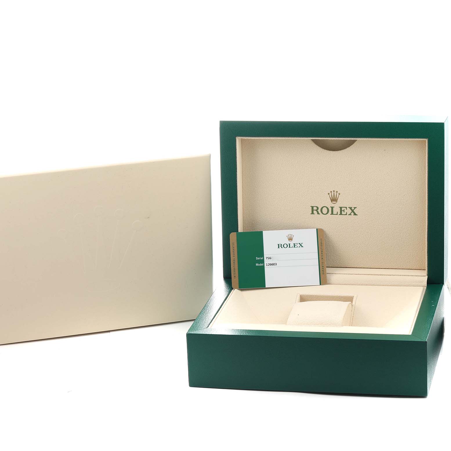 The image shows a Rolex Sea-Dweller 126603 Men's Steel and Gold (two tone) Black Dial box and warranty card, with the box open and positioned at a slight angle.