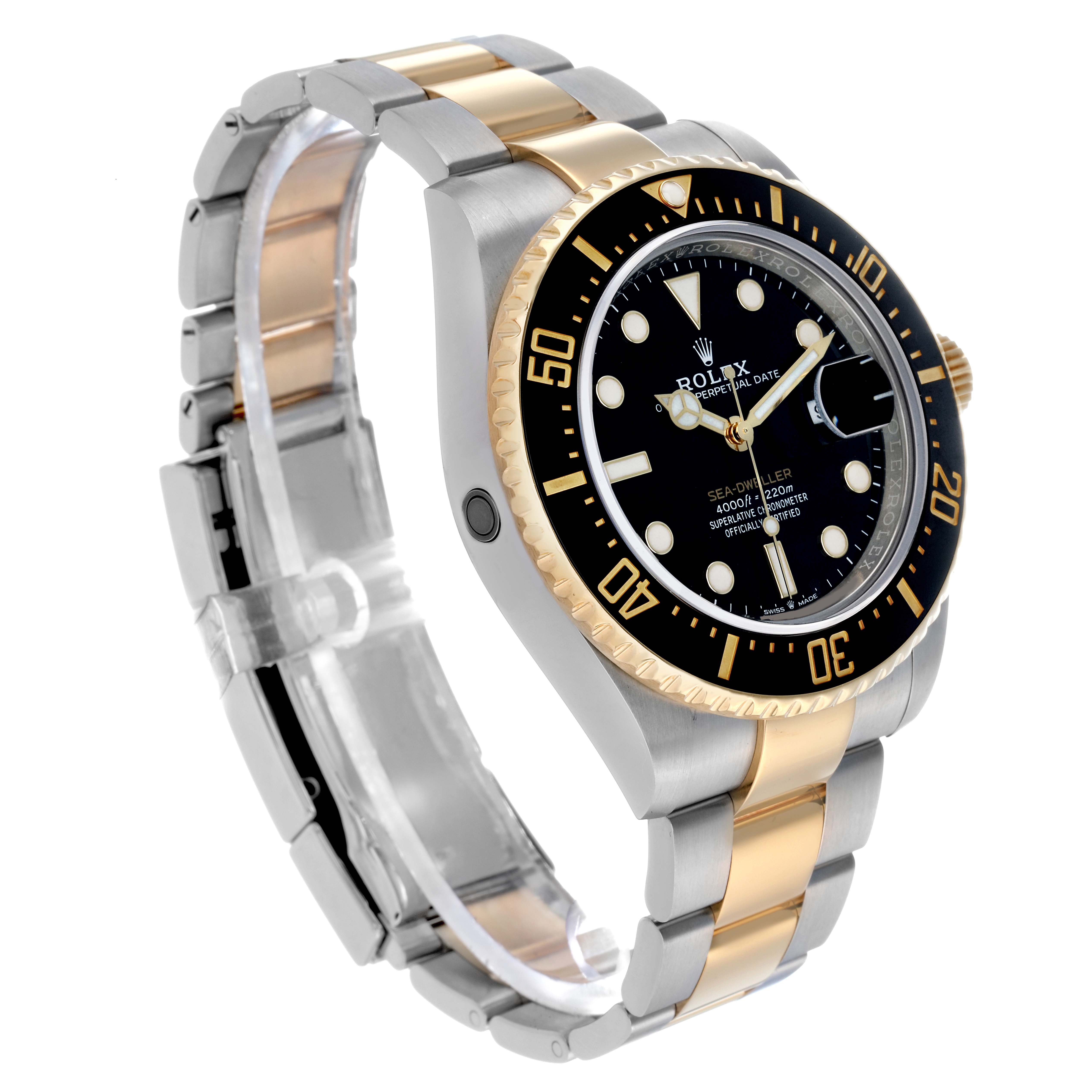 The Rolex Sea-Dweller 126603 Men's Steel and Gold (two tone) Black Dial watch is shown at a three-quarter angle, highlighting the dial, bezel, and two-tone bracelet.