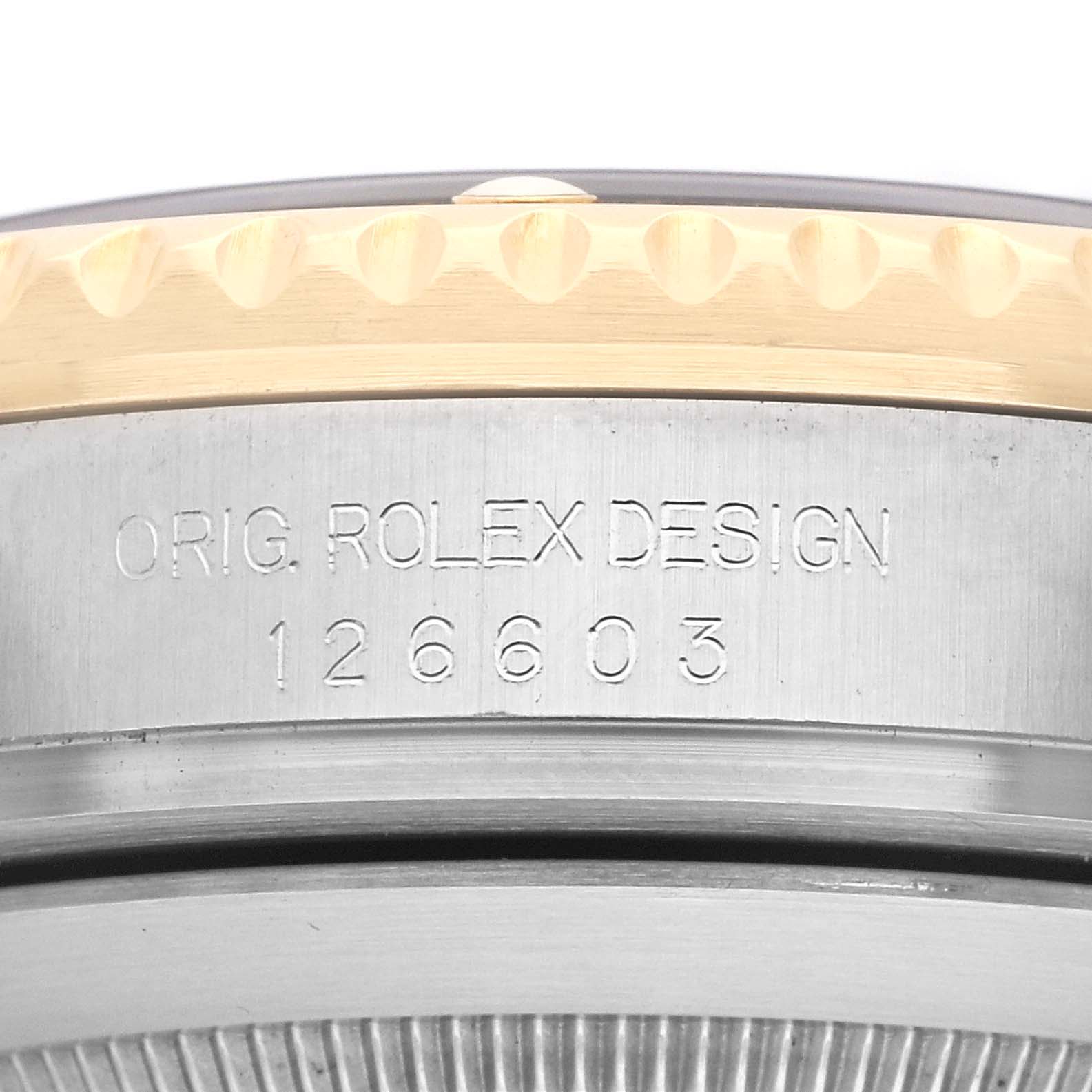 The image shows a side view of the Rolex Sea-Dweller 126603 Men's Steel and Gold (two tone) Black Dial's case, highlighting the engraved model number 126603.