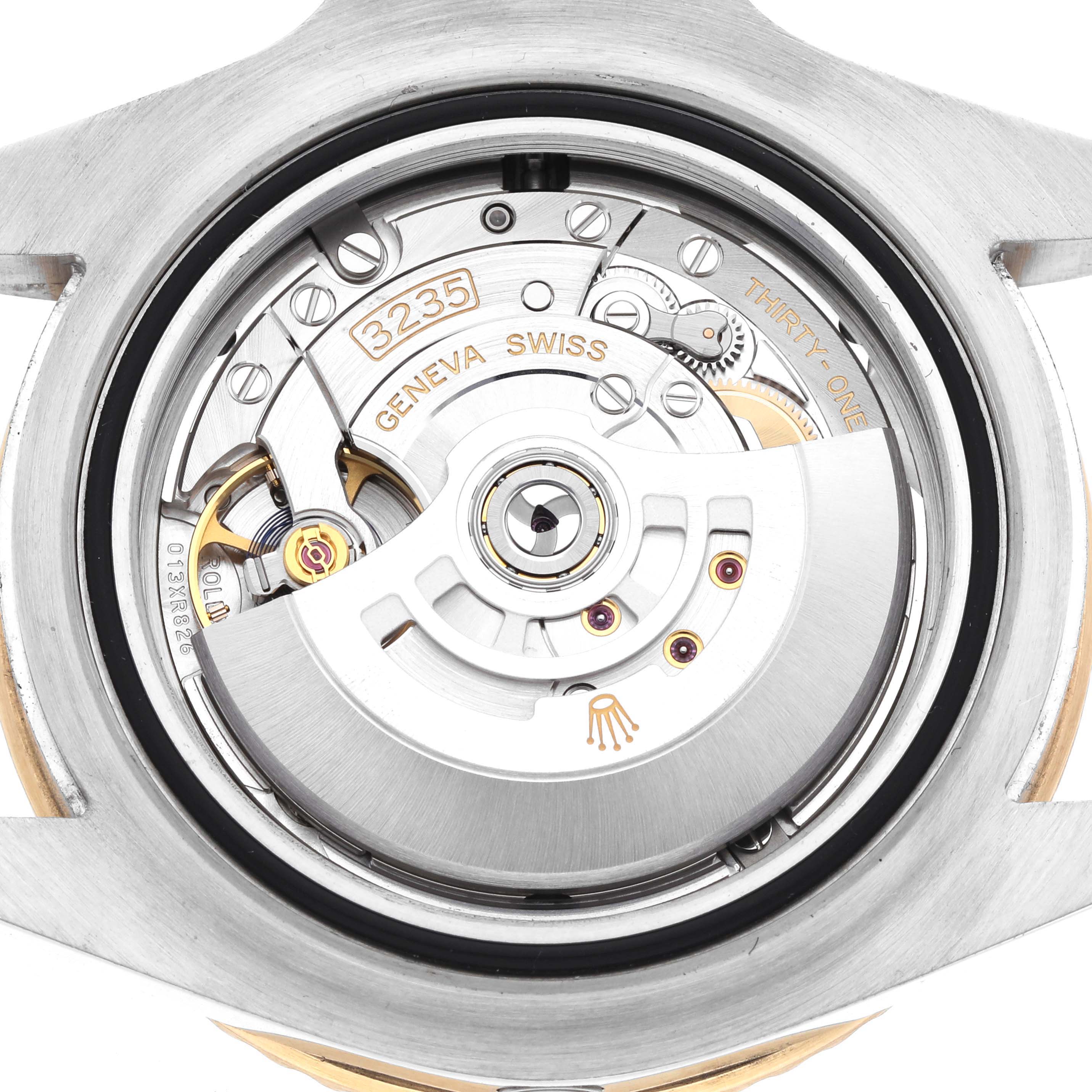 This image shows the open caseback of a Rolex Sea-Dweller 126603 Men's Steel and Gold (two tone) Black Dial, highlighting its movement components.