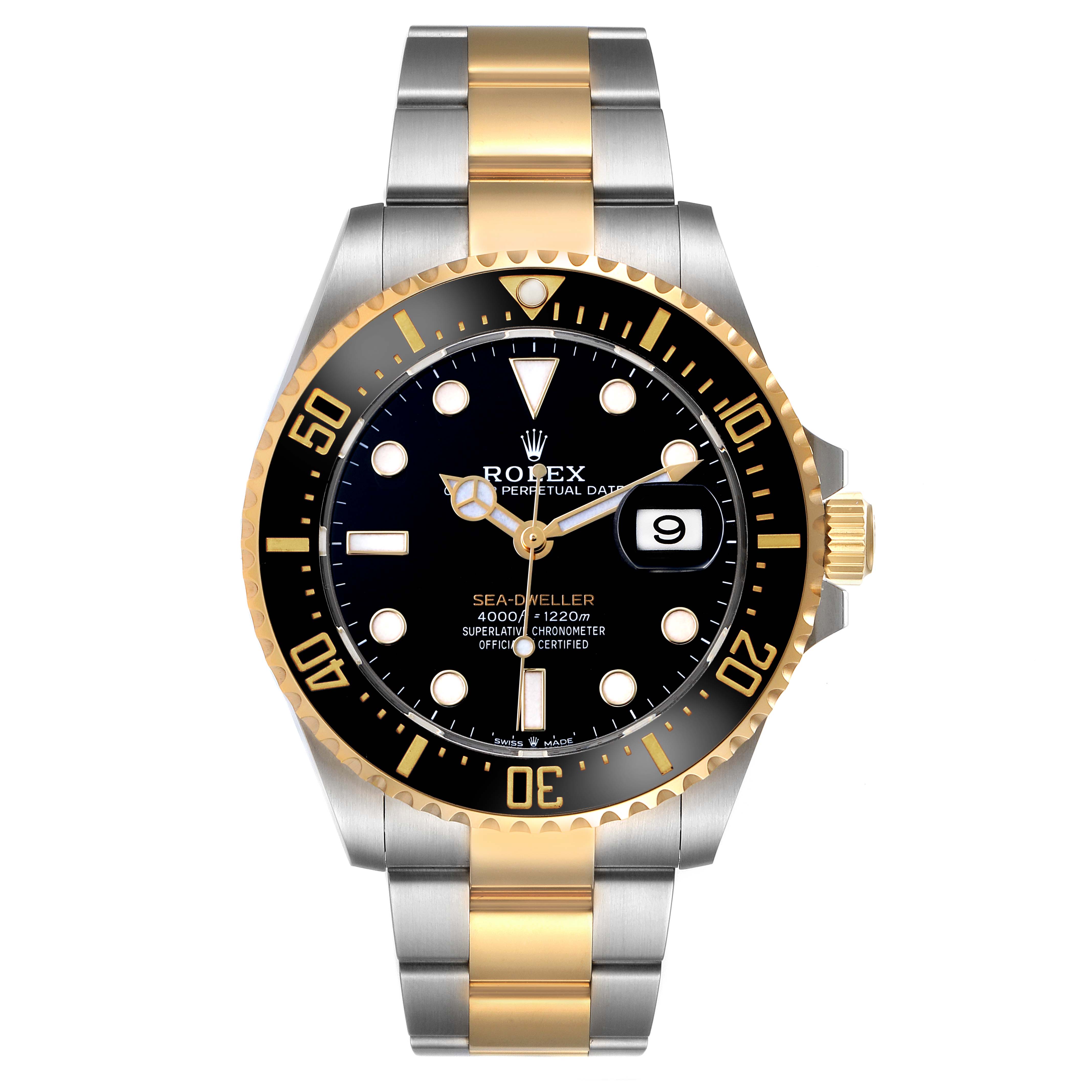 The Rolex Sea-Dweller 126603 Men's Steel and Gold (two tone) Black Dial watch is shown from a front angle, highlighting its dial, bezel, crown, and bracelet.