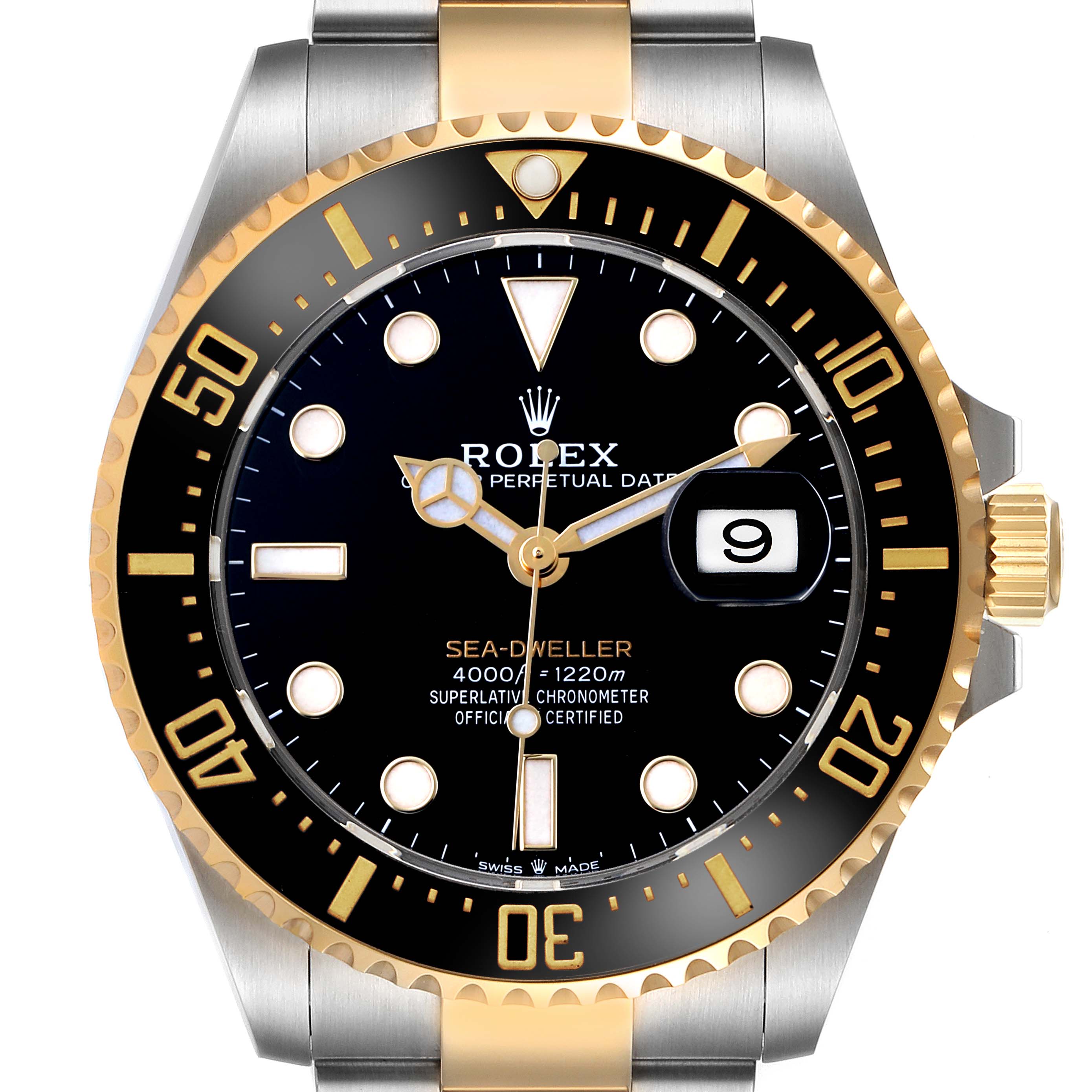 The Rolex Sea-Dweller 126603 Men's Steel and Gold (two tone) Black Dial watch is shown from the front, displaying the dial, bezel, case, and part of the bracelet.