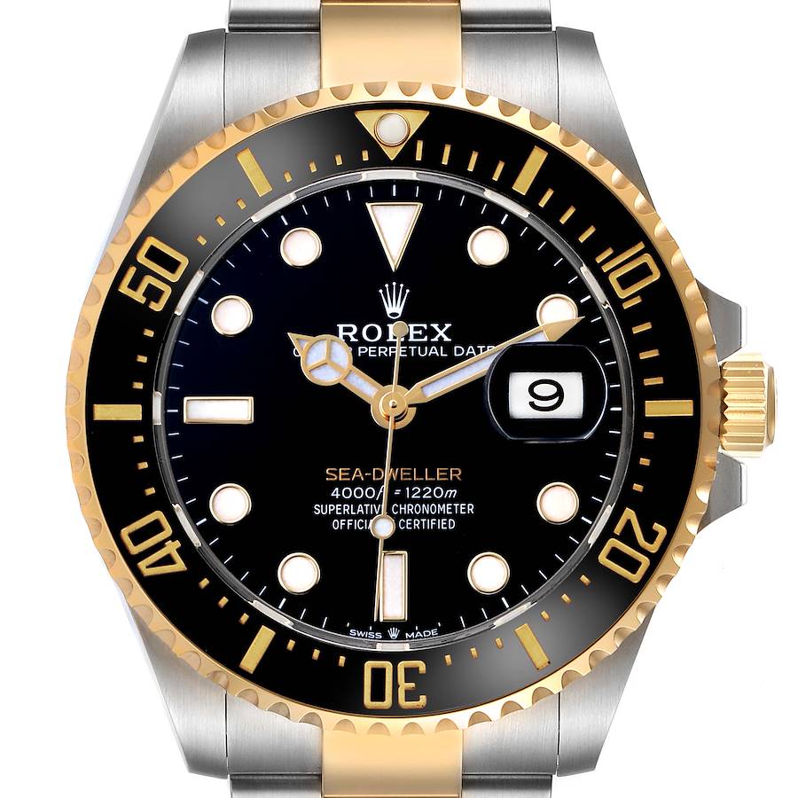The Rolex Sea-Dweller 126603 Men's Steel and Gold (two tone) Black Dial watch is shown from the front, displaying the dial, bezel, case, and part of the bracelet.