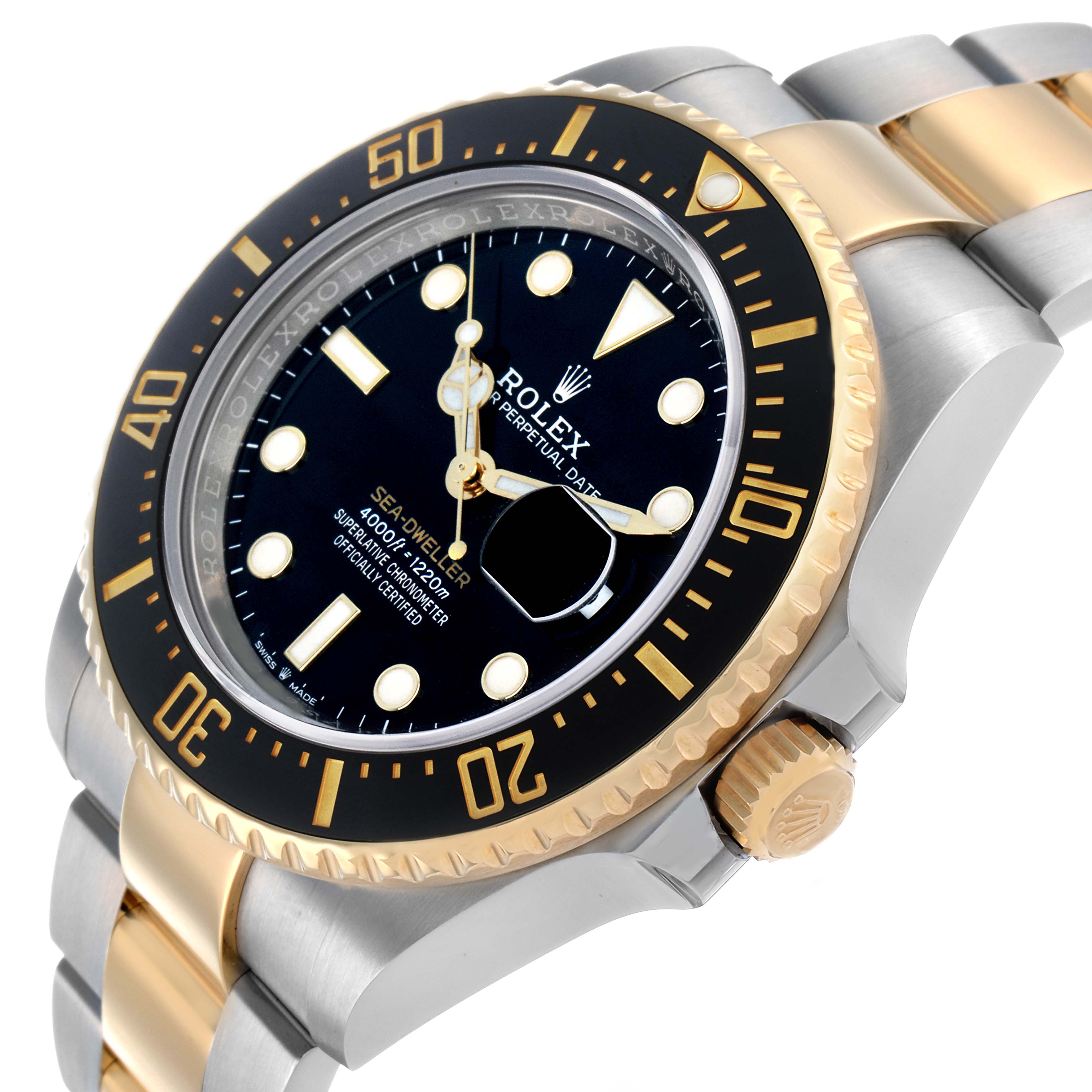 The Rolex Sea-Dweller 126603 Men's Steel and Gold (two tone) Black Dial watch is shown at a three-quarter angle, highlighting the bezel, dial, crown, and bracelet.