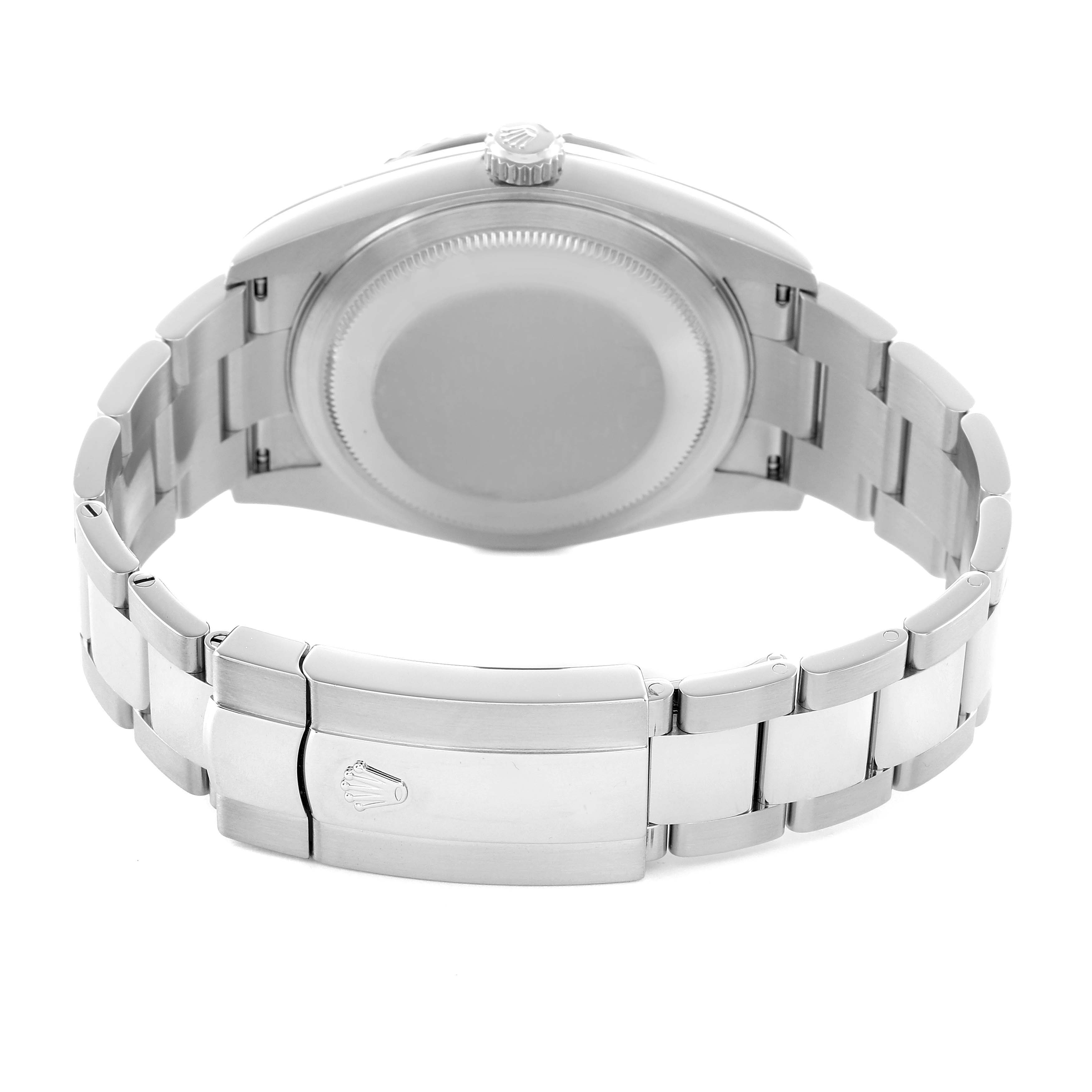 The image shows the back view of a Rolex Sky-Dweller 326934 Men's Stainless Steel Blue Dial, featuring the case back and clasp of the bracelet.