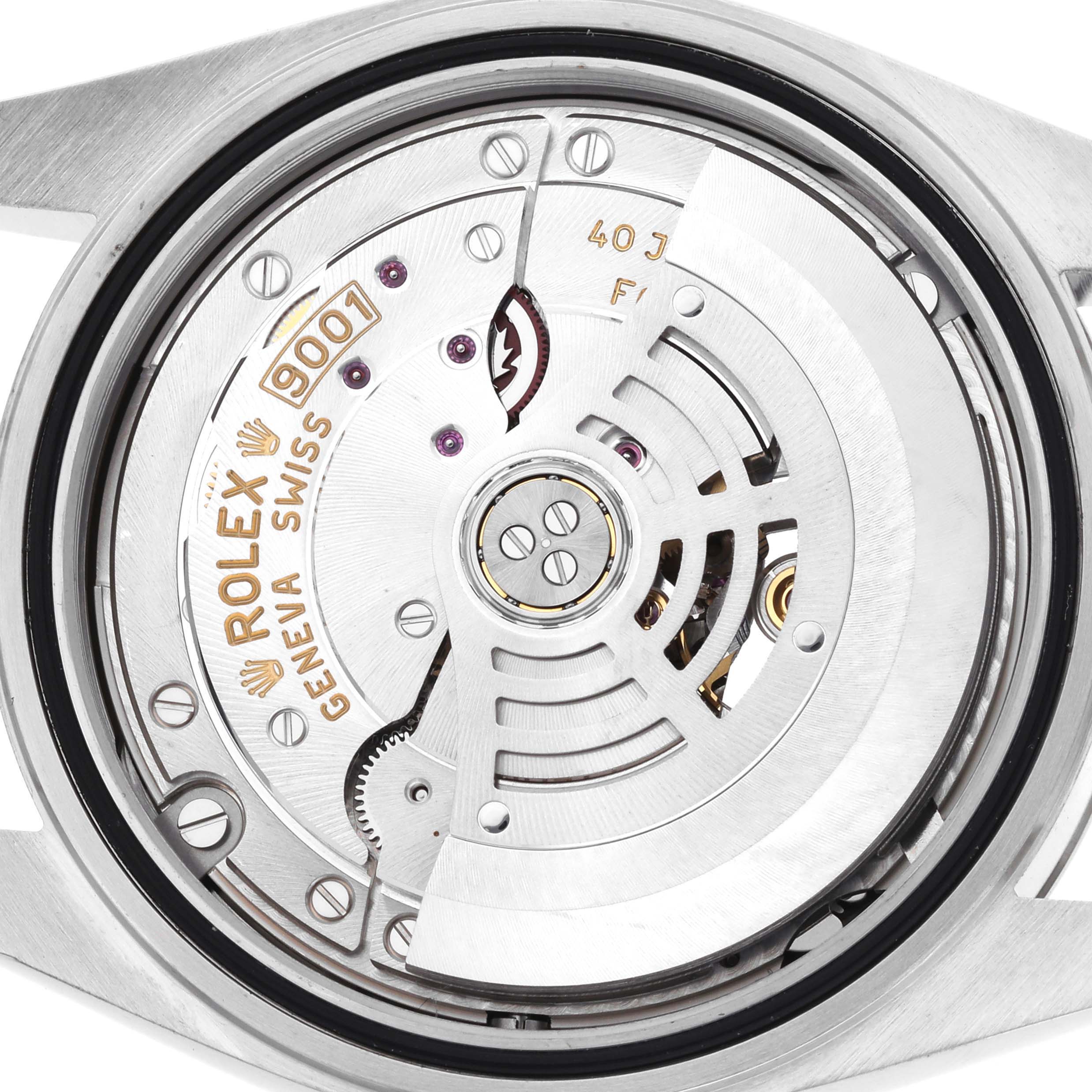 The image shows the back of a Rolex Sky-Dweller 326934 Men's Stainless Steel Blue Dial, displaying its intricate movement and components.