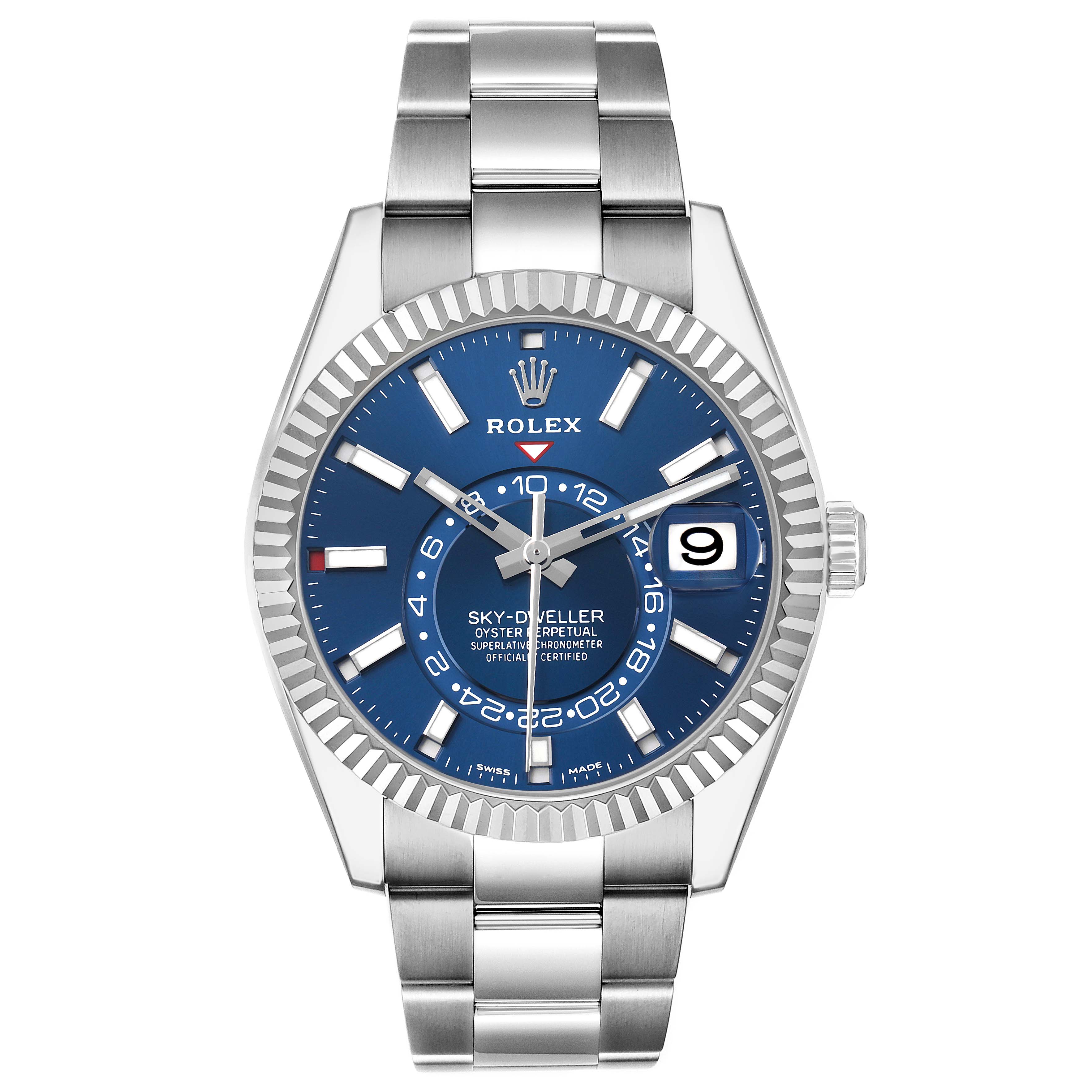 The Rolex Sky-Dweller 326934 Men's Stainless Steel Blue Dial watch is shown from the front, displaying the face, bezel, bracelet, and date window.