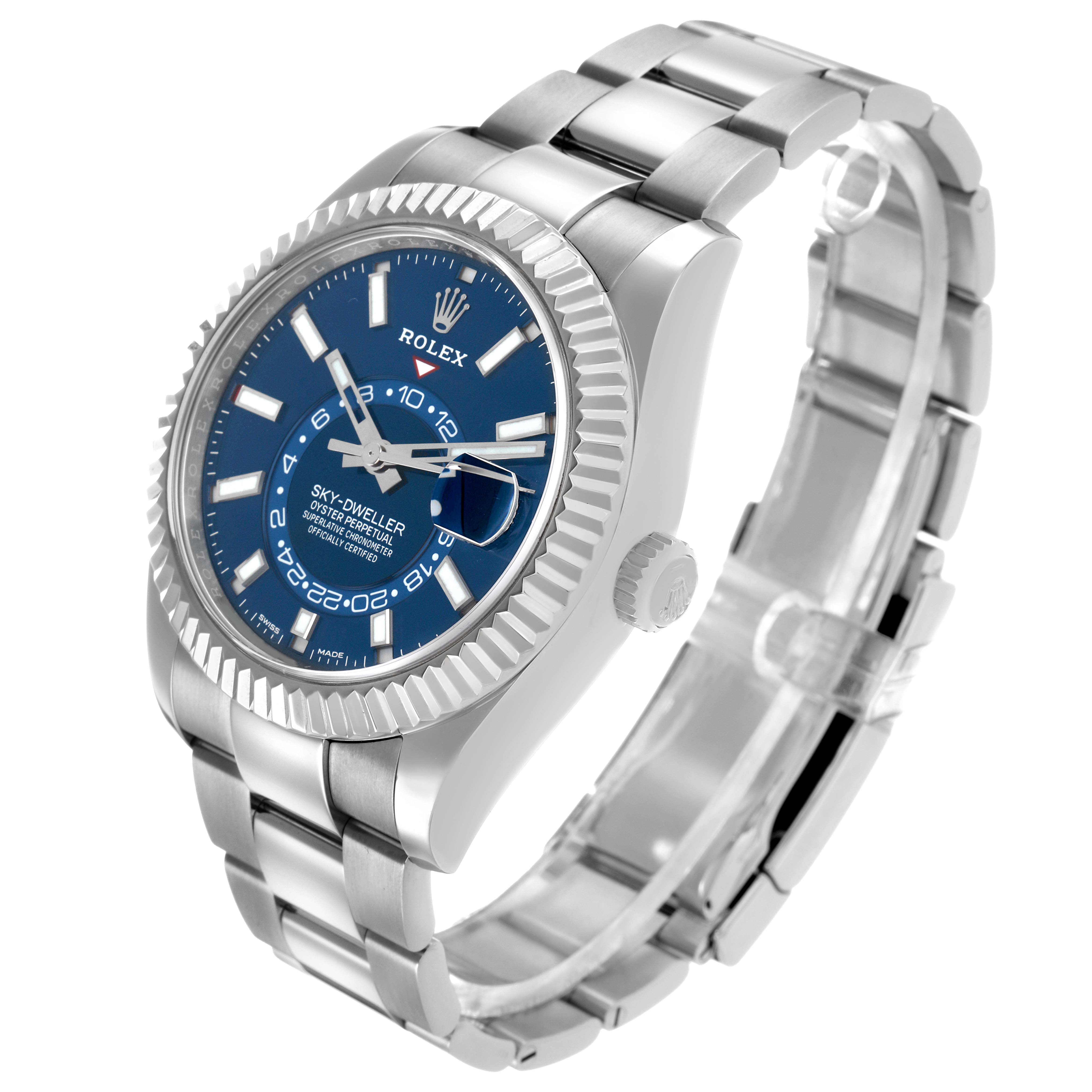 The Rolex Sky-Dweller 326934 Men's Stainless Steel Blue Dial watch is shown at a three-quarter angle, highlighting the bezel, face, dial, crown, and bracelet.