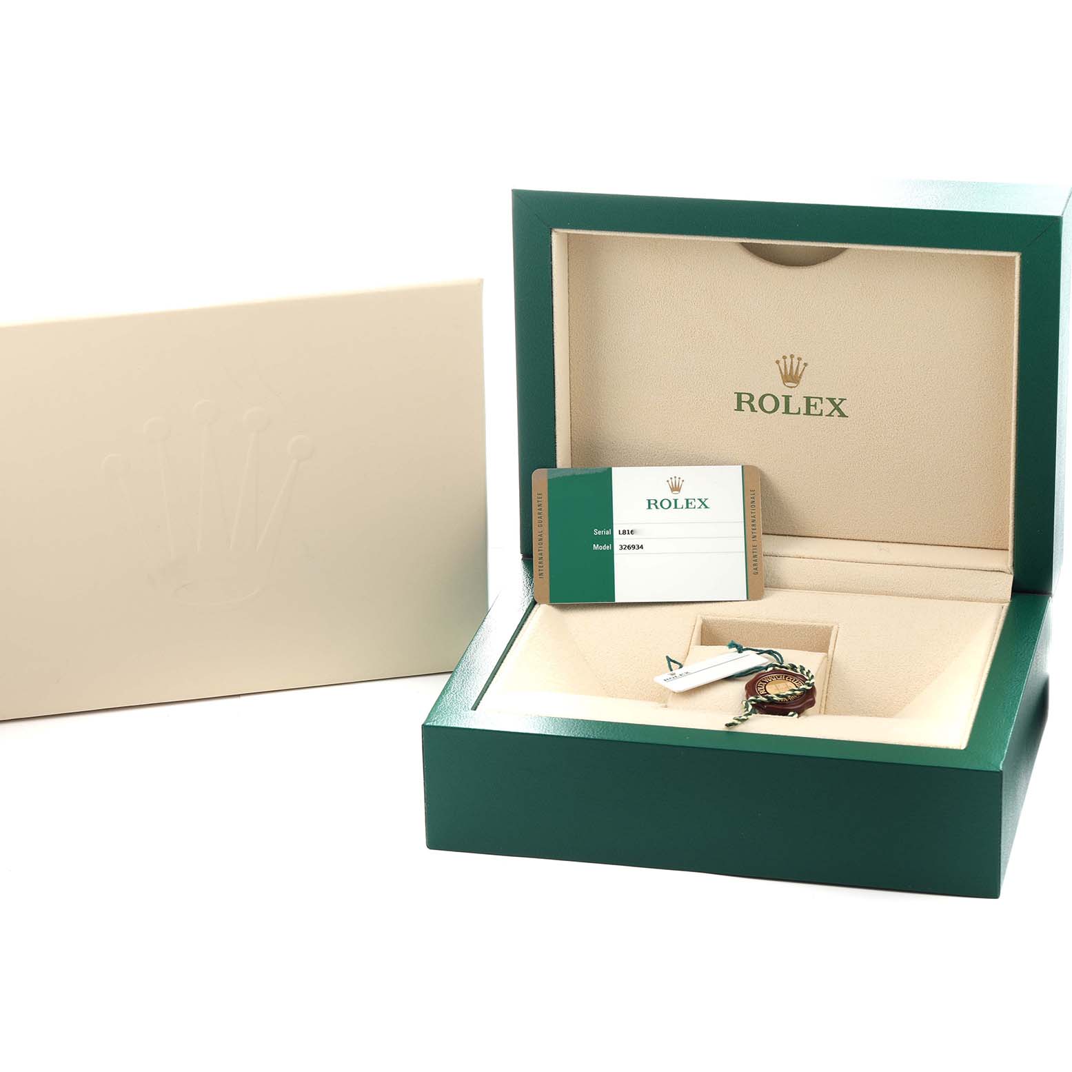 The image shows the packaging and accessories for a Rolex Sky-Dweller 326934 Men's Stainless Steel Blue Dial, including the box and authentication card.