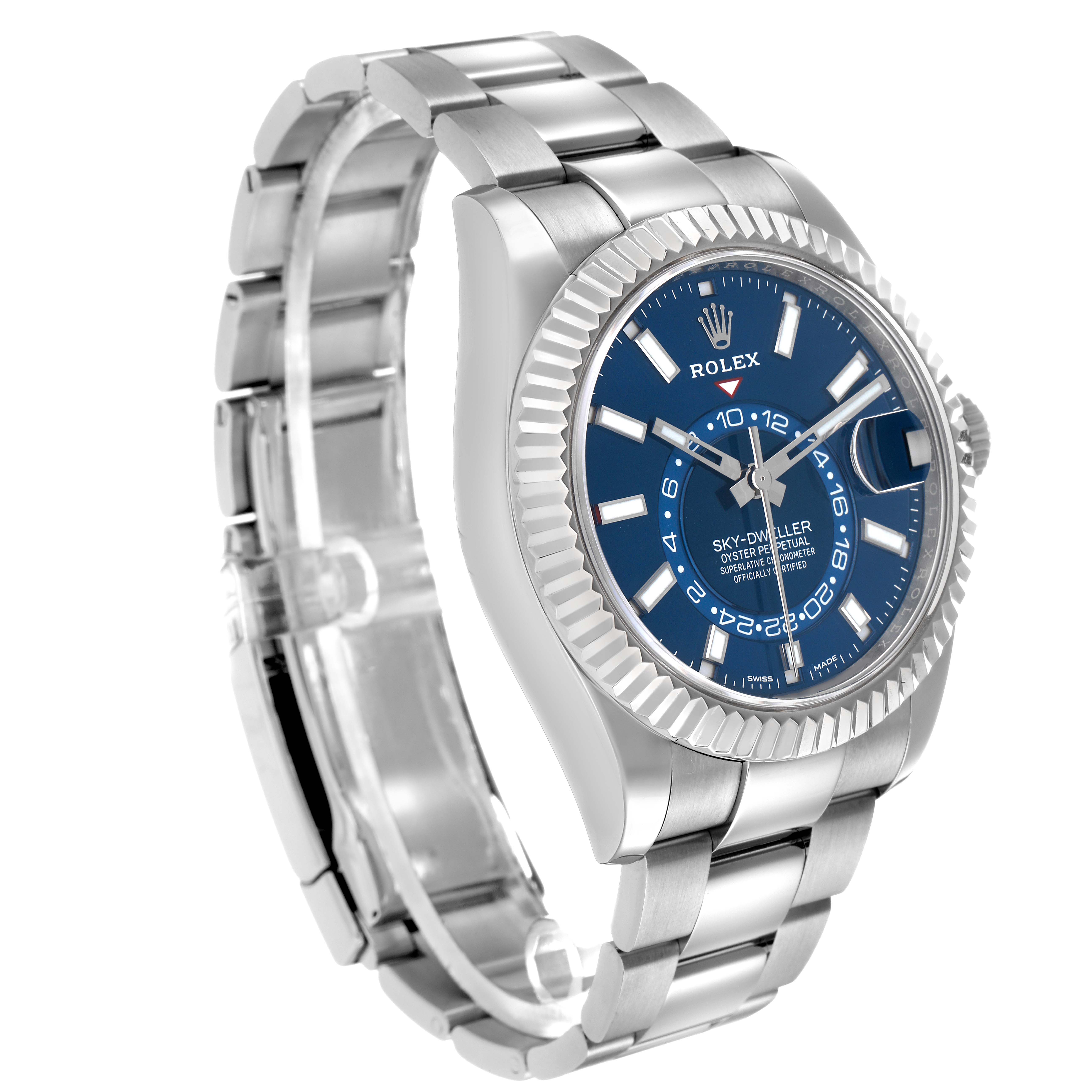 The Rolex Sky-Dweller 326934 Men's Stainless Steel Blue Dial is shown at a three-quarter angle, highlighting its blue dial, fluted bezel, and stainless steel bracelet.