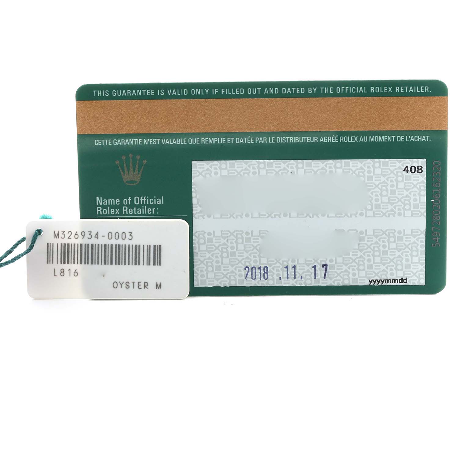 The image shows a Rolex Sky-Dweller 326934 Men's Stainless Steel Blue Dial guarantee card and tag with model details, viewed from the front.