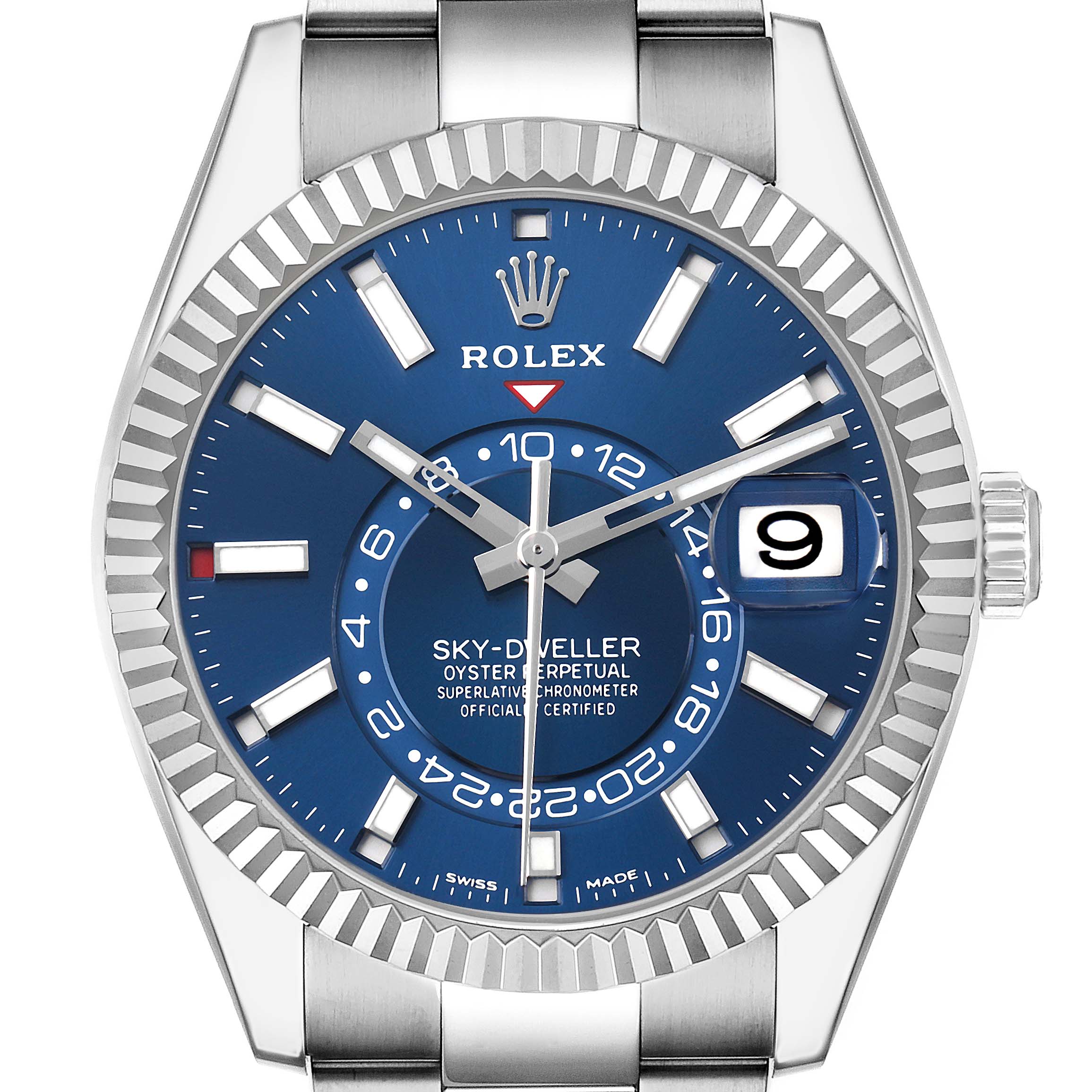 The Rolex Sky-Dweller 326934 Men's Stainless Steel Blue Dial watch is shown from the front, highlighting its blue dial, date window, hands, and bezel.