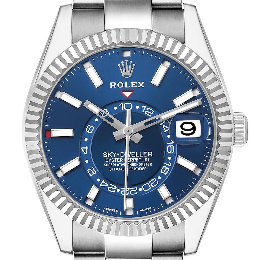 The Rolex Sky-Dweller 326934 Men's Stainless Steel Blue Dial watch is shown from the front, highlighting its blue dial, date window, hands, and bezel.