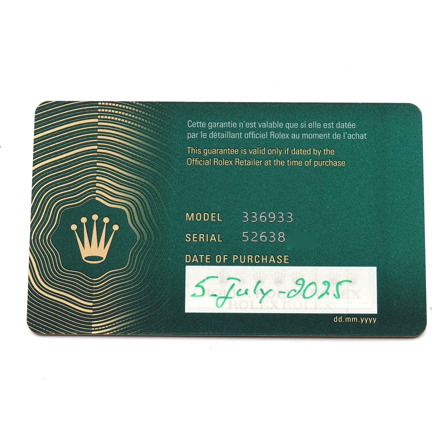 The image shows a close-up of a Rolex guarantee card for the Sky-Dweller model.
