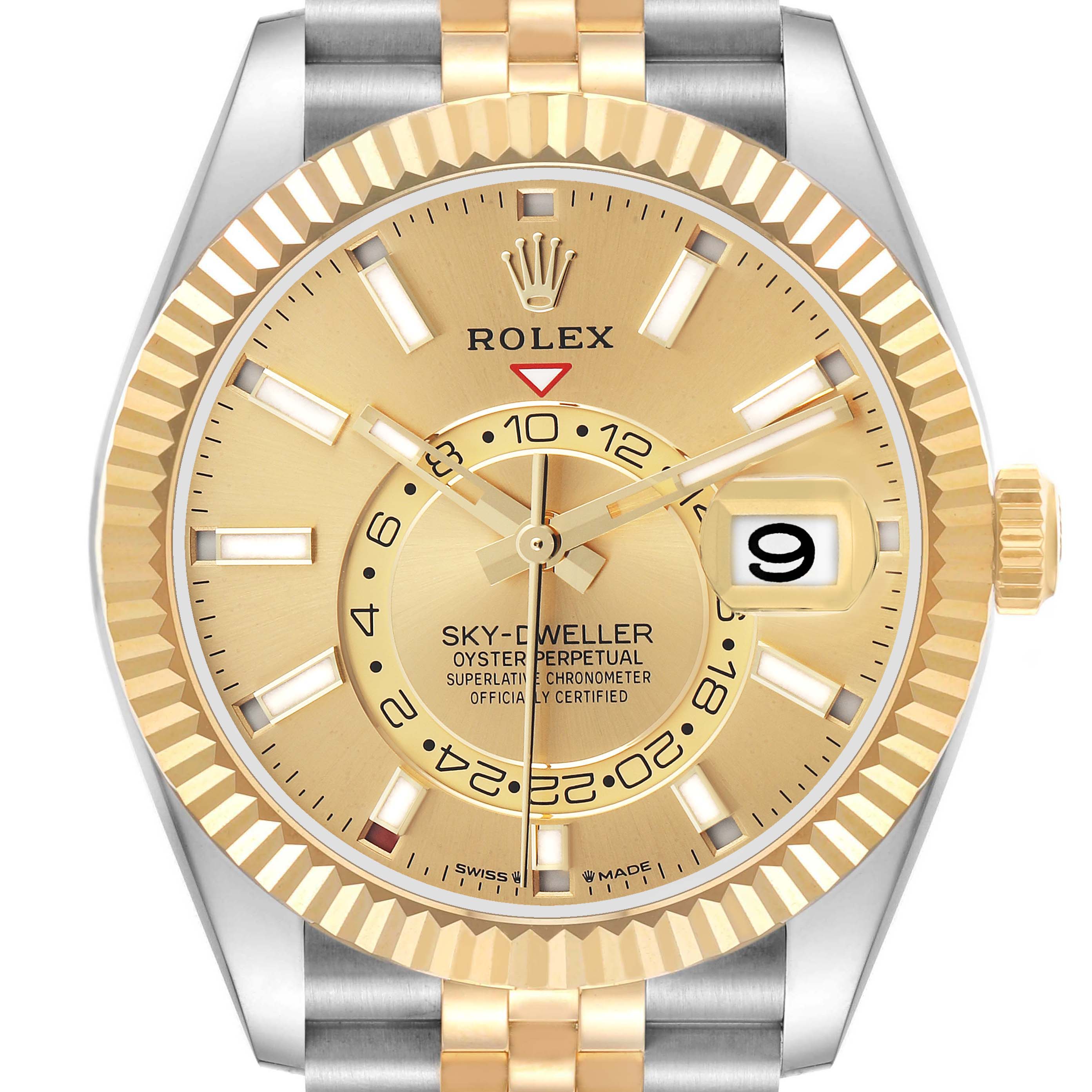 The Rolex Sky-Dweller 336933 Men's Steel and Gold (two tone) Champagne Dial watch is shown from the front, highlighting the dial, bezel, and partial bracelet.