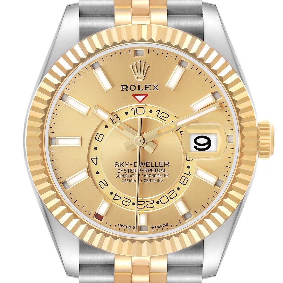 The Rolex Sky-Dweller 336933 Men's Steel and Gold (two tone) Champagne Dial watch is shown from the front, highlighting the dial, bezel, and partial bracelet.