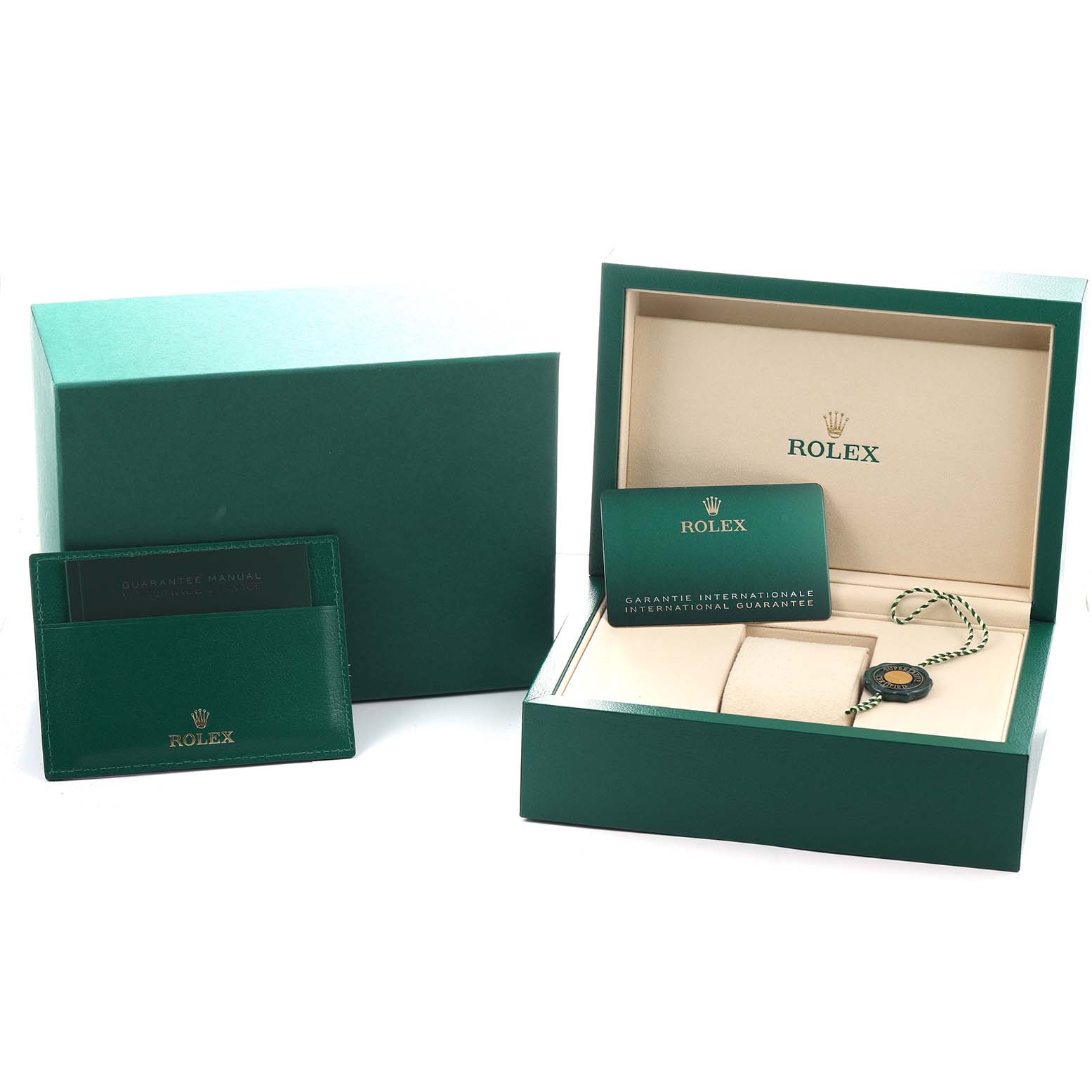 The image shows the Rolex Sky-Dweller 336933 Men's Steel and Gold (two tone) Champagne Dial packaging at an angle, featuring a box, guarantee card, manual, and tag.
