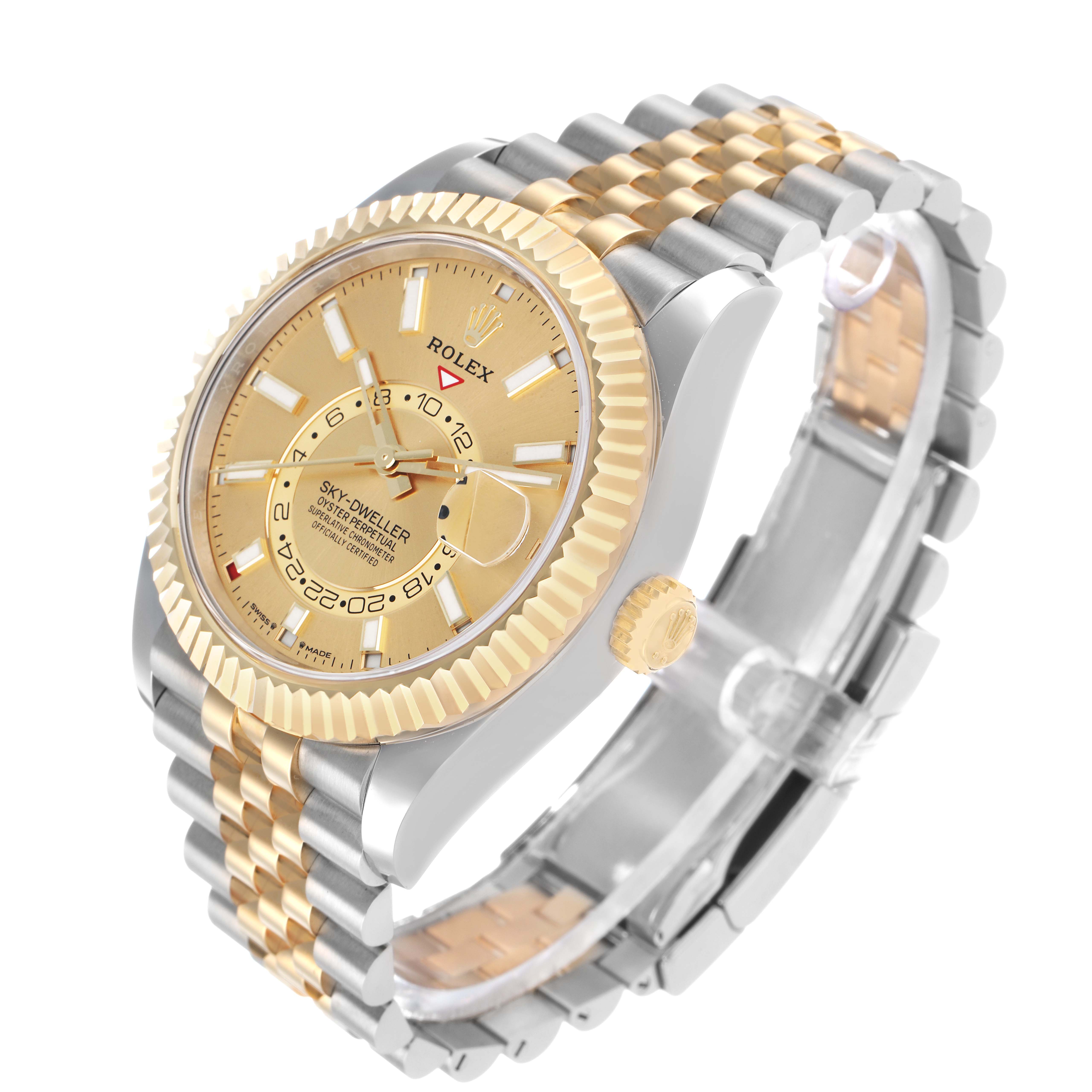 The image shows a Rolex Sky-Dweller 336933 Men's Steel and Gold (two tone) Champagne Dial watch at a 3/4 angle, highlighting the dial, bezel, crown, and bracelet.
