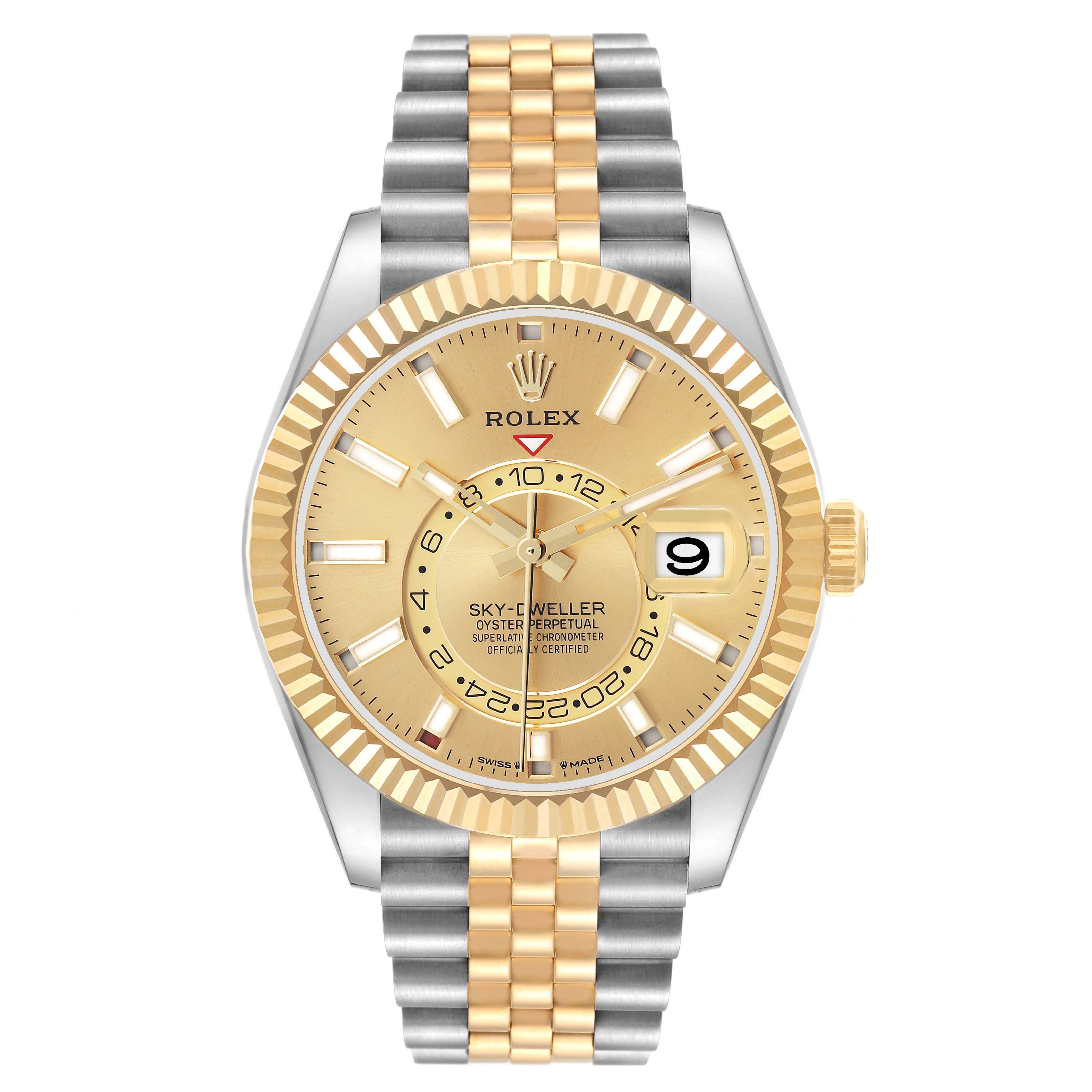 The image shows a front view of the Rolex Sky-Dweller 336933 Men's Steel and Gold (two tone) Champagne Dial watch, highlighting its gold face, two-tone bracelet, and date feature.