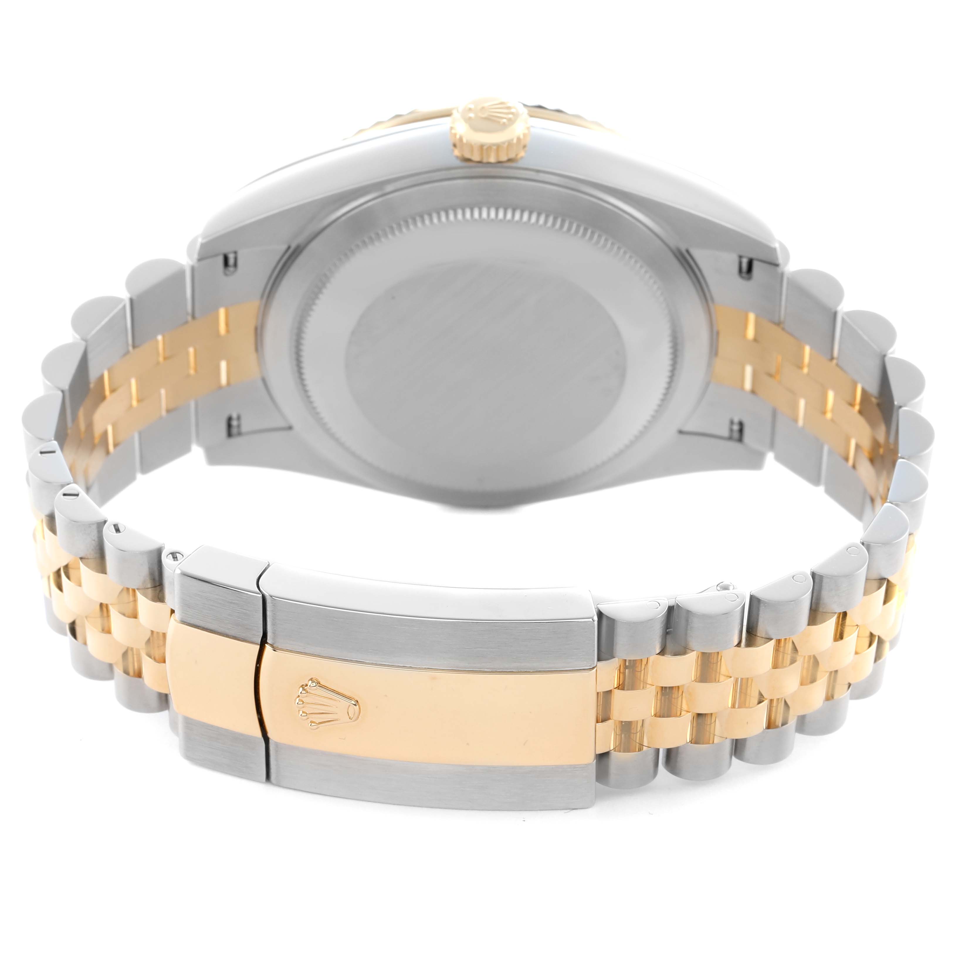 The image shows the back and clasp of the Rolex Sky-Dweller 336933 Men's Steel and Gold (two tone) Champagne Dial, with a two-tone metal bracelet and visible crown on the clasp.