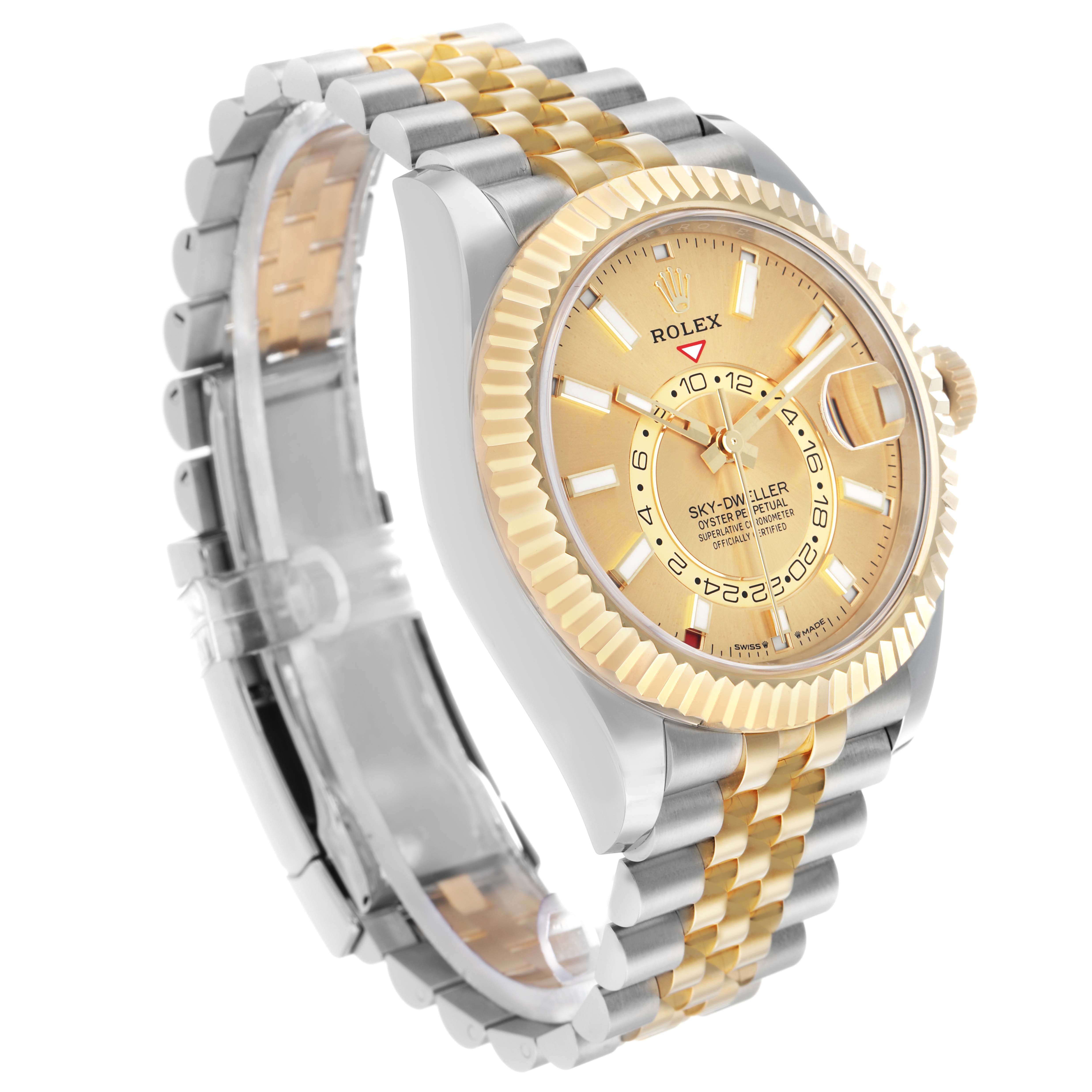 The Rolex Sky-Dweller 336933 Men's Steel and Gold (two tone) Champagne Dial watch is shown at a three-quarter angle, featuring its bezel, face, hands, markers, and bracelet.