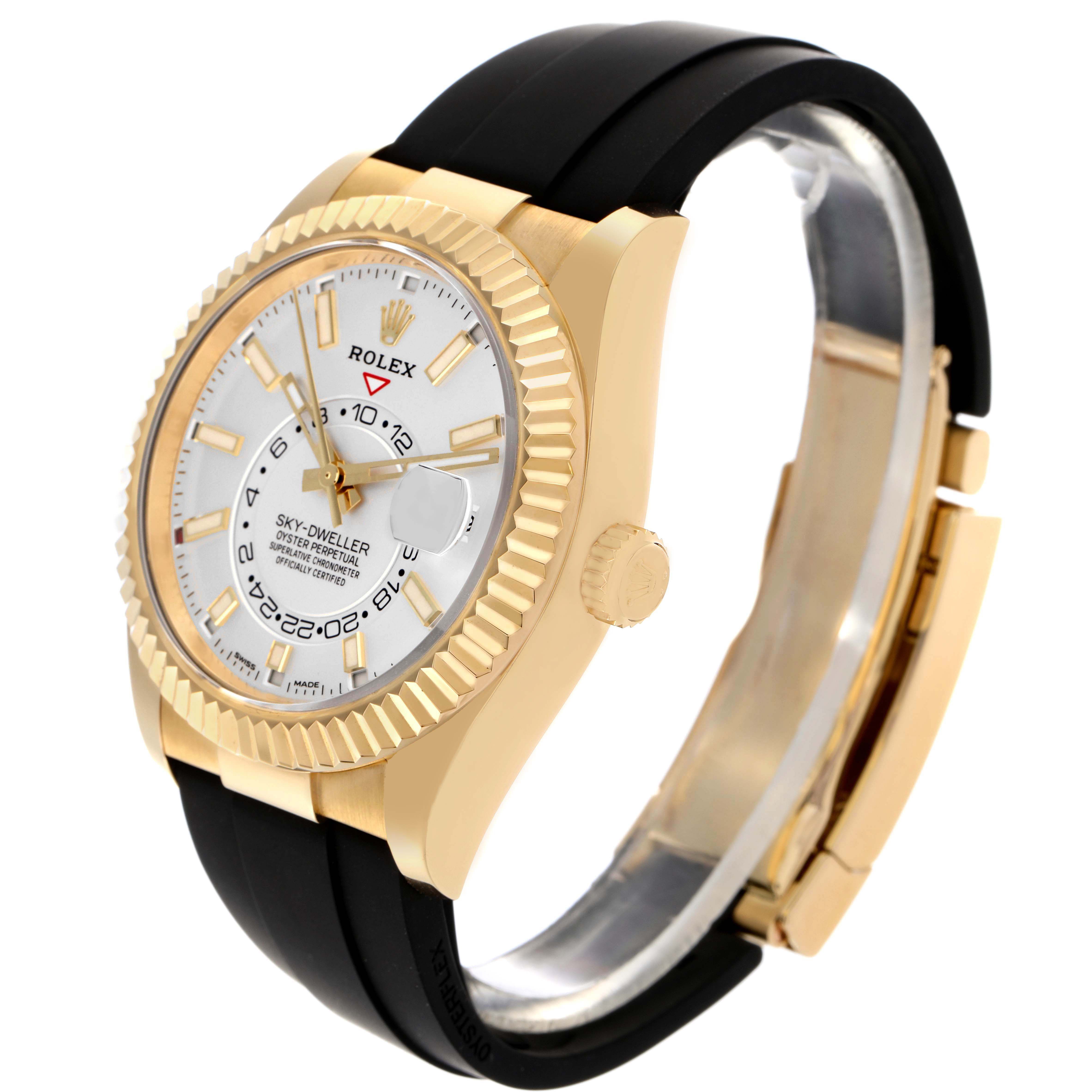 The Rolex Sky-Dweller 326238 Men's Yellow Gold White Dial watch is shown at an angle highlighting its face, bezel, crown, and strap.