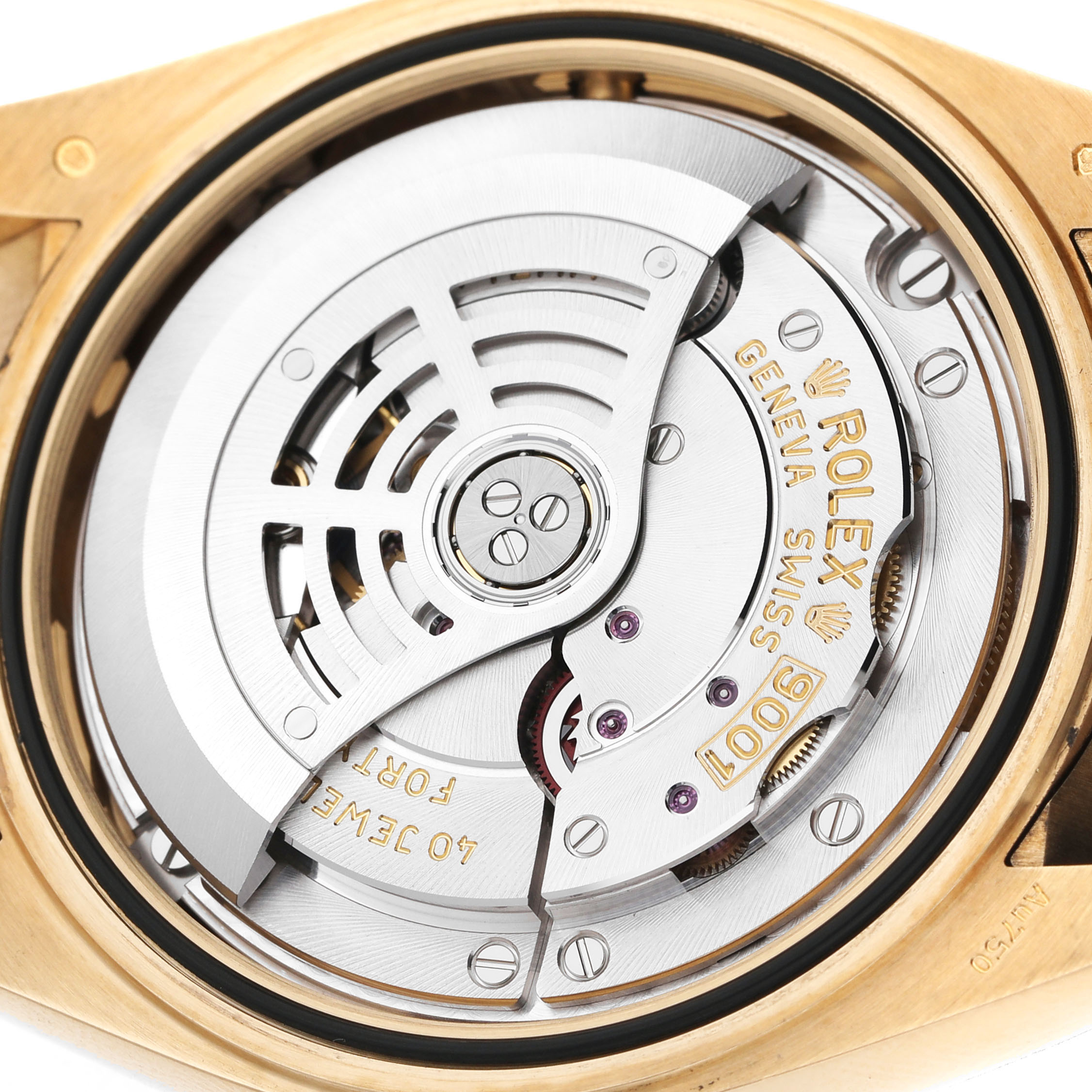 The image shows the back view of a Rolex Sky-Dweller 326238 Men's Yellow Gold White Dial, highlighting its movement and intricate components.