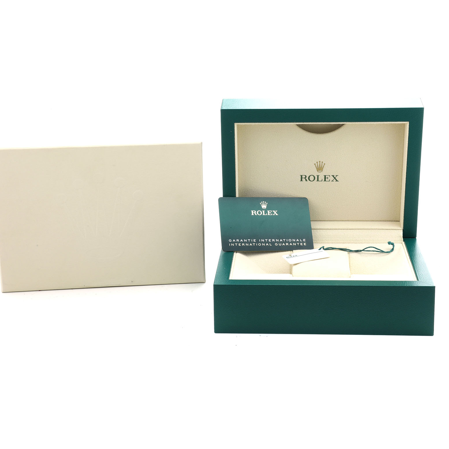The image shows a Rolex Sky-Dweller 326238 Men's Yellow Gold White Dial box with a warranty card and a tag, viewed from the front.