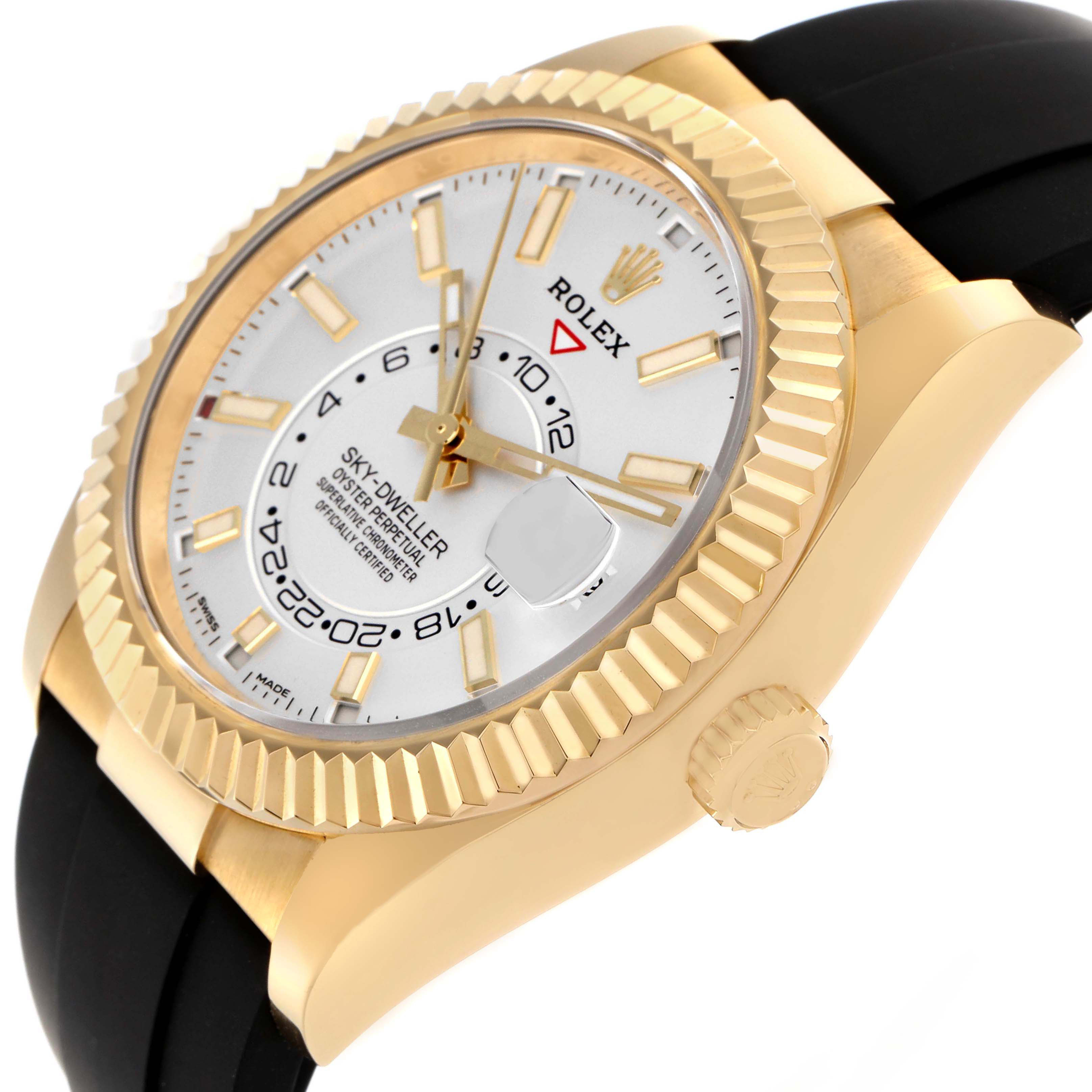 The Rolex Sky-Dweller 326238 Men's Yellow Gold White Dial watch is shown from an angled side view, highlighting its bezel, dial, and crown.