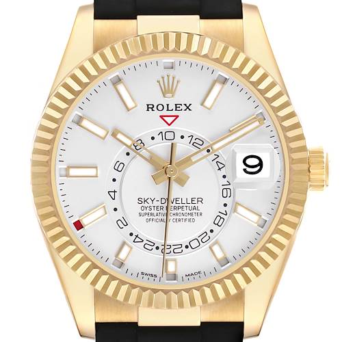 The Rolex Sky-Dweller 326238 Men's Yellow Gold White Dial watch is shown from a front view highlighting the dial, bezel, and markers.