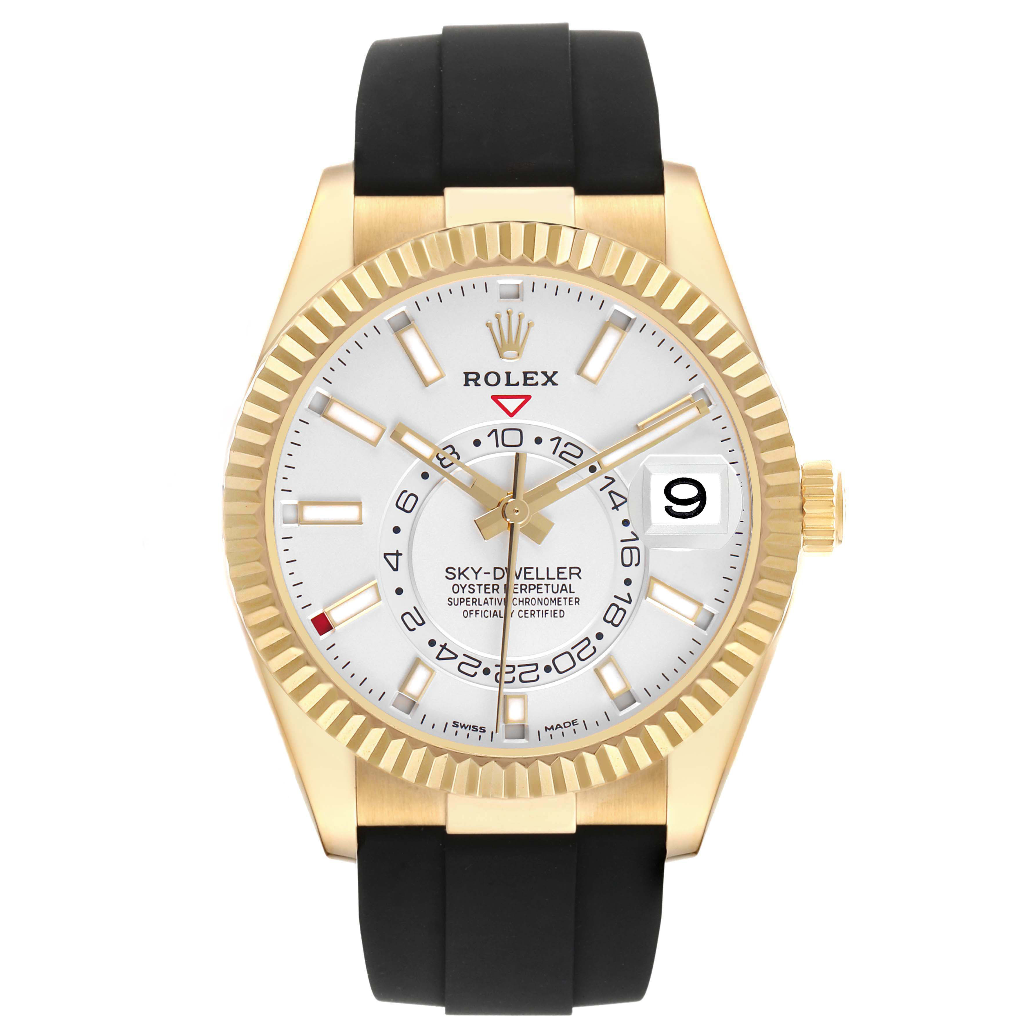 The Rolex Sky-Dweller 326238 Men's Yellow Gold White Dial watch is shown from a front angle, highlighting the dial, bezel, and black strap.