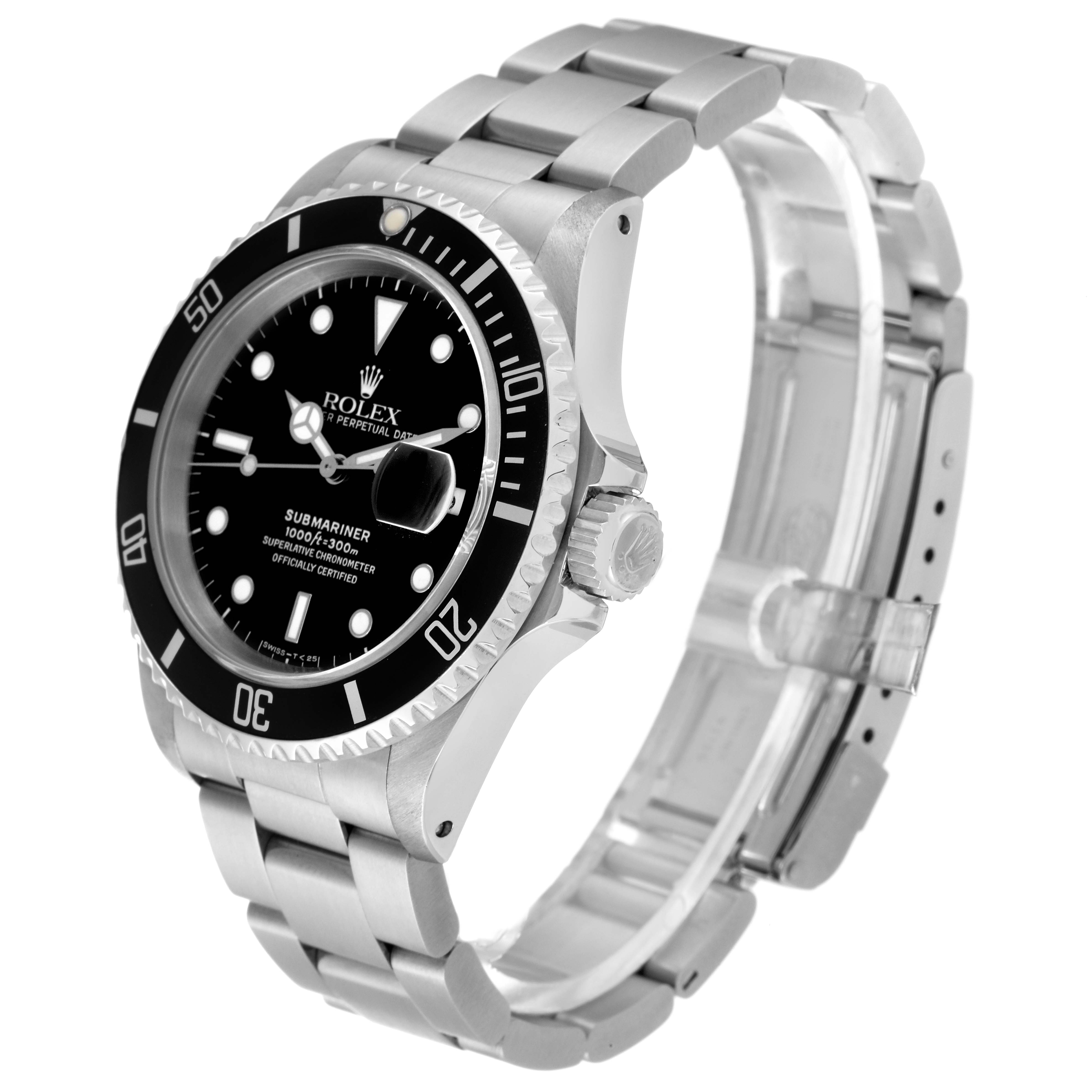 The image shows a side-angle view of the Rolex Submariner 16610 Men
s Stainless Steel Black Dial 16610 Men
s Stainless Steel Black Dial watch, displaying the face, bezel, crown, and bracelet.