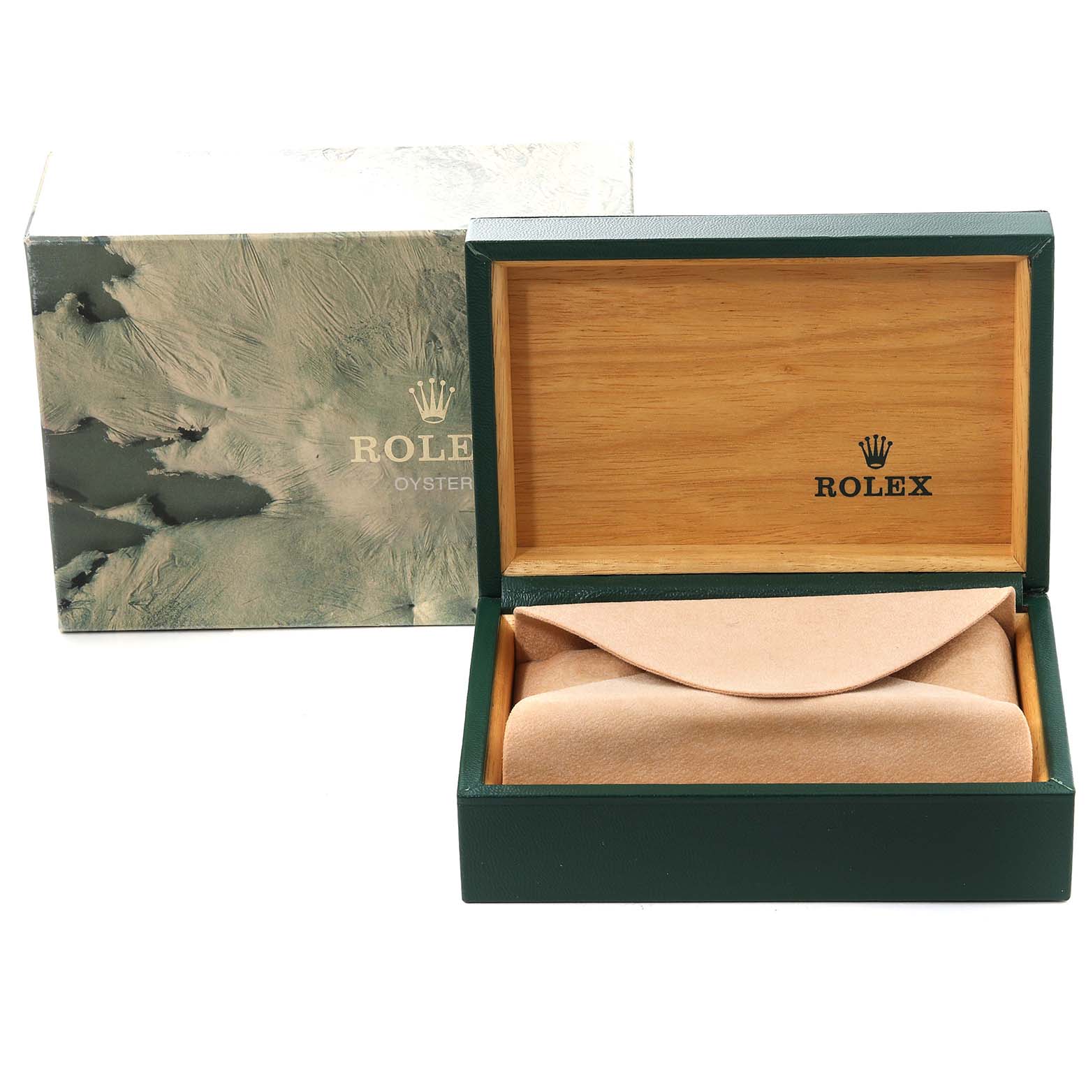 The image shows the open case and outer box for a Rolex Submariner 16610 Men
s Stainless Steel Black Dial 16610 Men
s Stainless Steel Black Dial watch, with the inside of the case revealed in an upright angle.